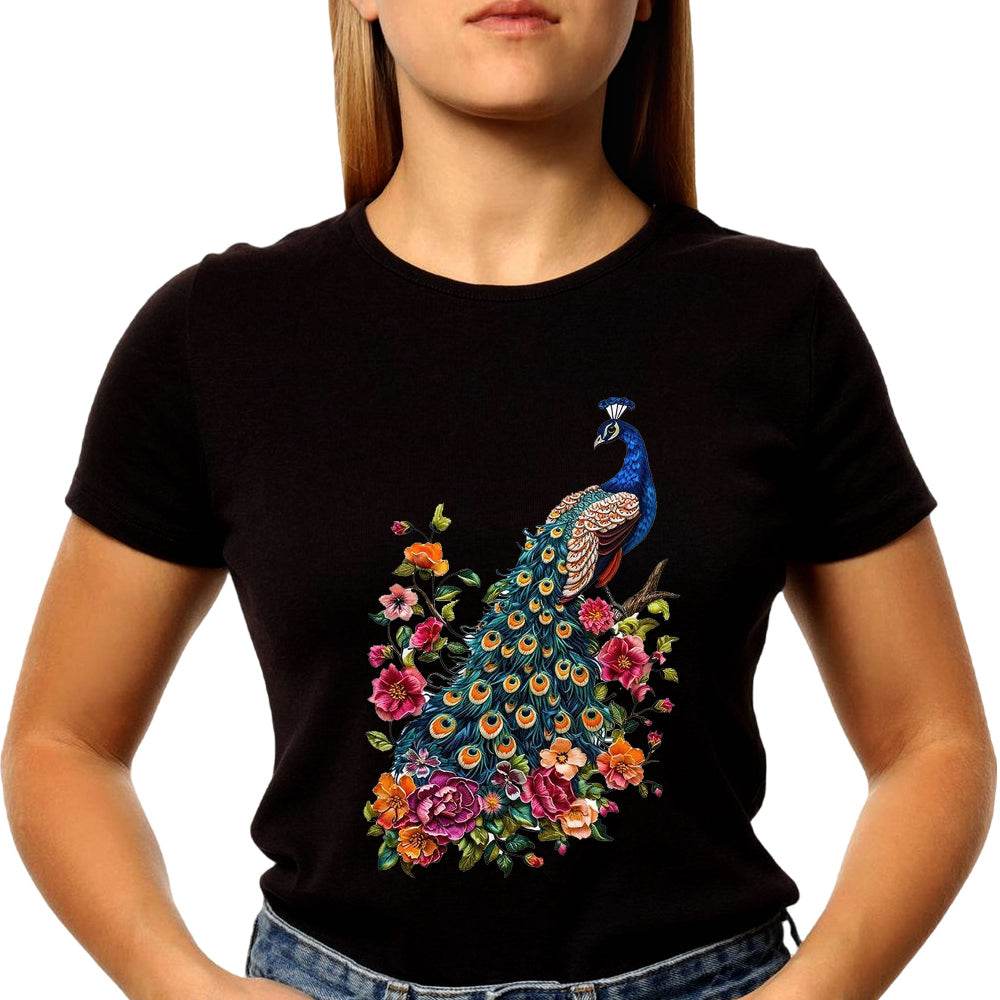 Floral Peacock Print Heavyweight - Unisex Round Neck Regular Fit 100% Combed Cotton Half Sleeve T-Shirt - Mojilo Mart