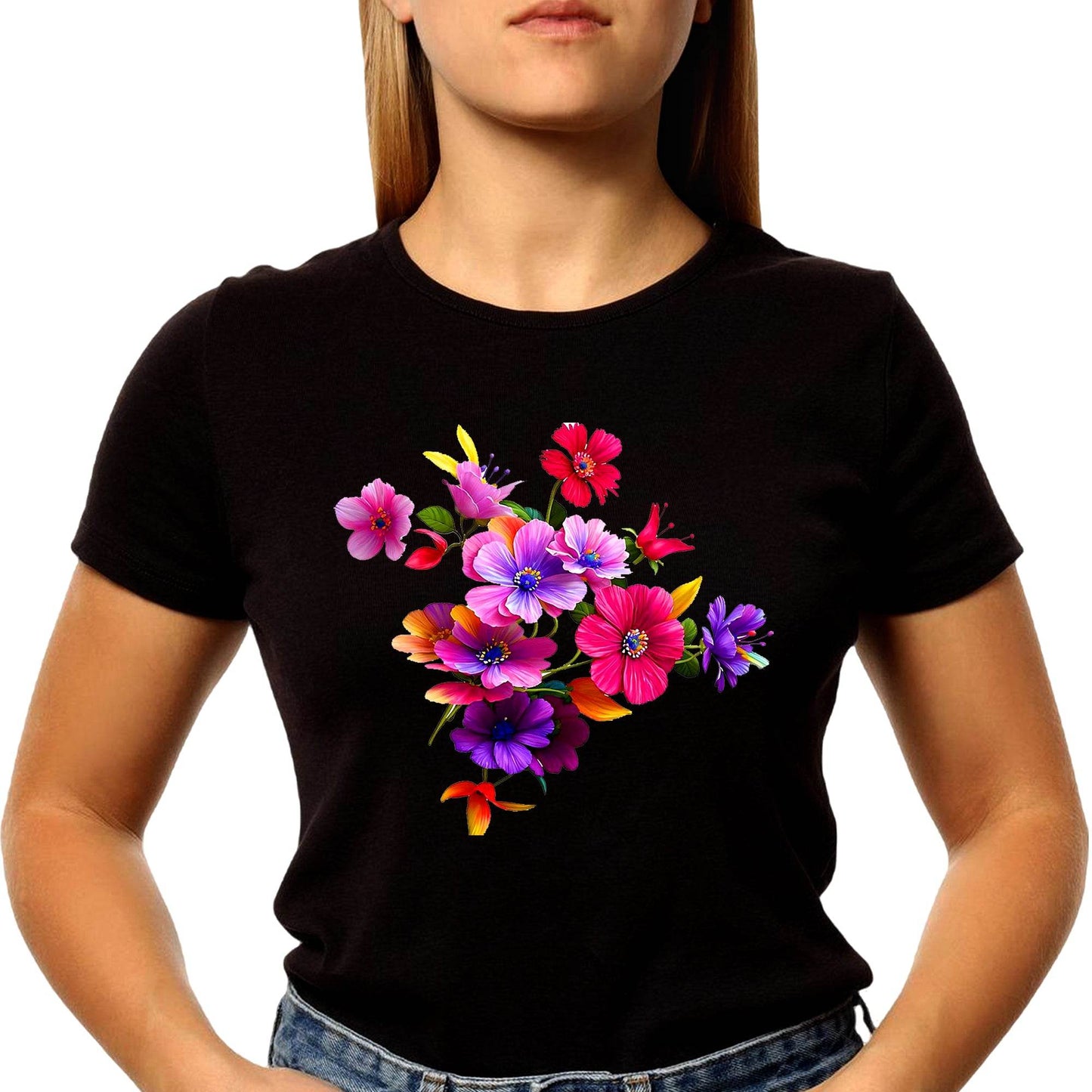 Flower Colorful Artwork Nature - Unisex Round Neck Regular Fit 100% Combed Cotton Half Sleeve T-Shirt - Mojilo Mart