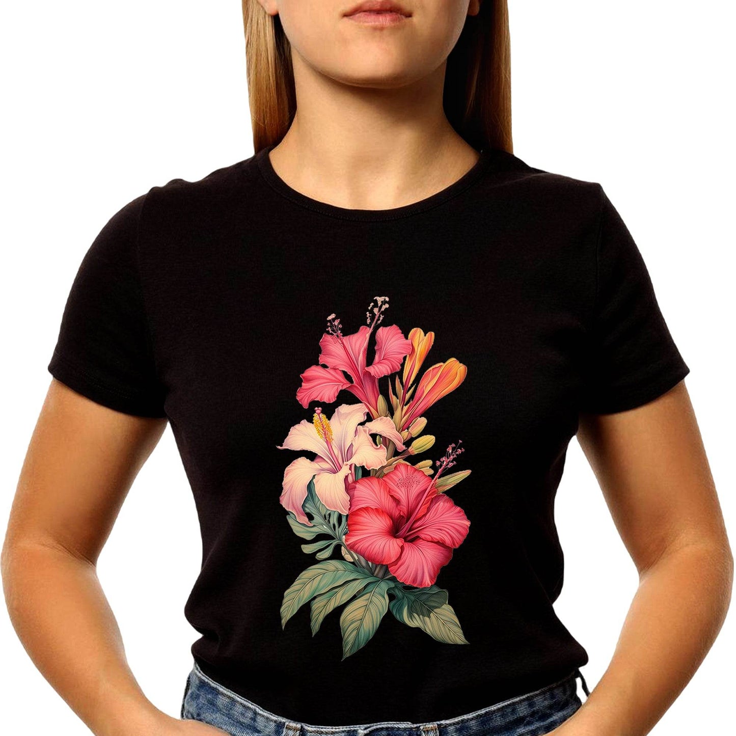 Hawaiian Flowers - Unisex Round Neck Regular Fit 100% Combed Cotton Half Sleeve T-Shirt - Mojilo Mart