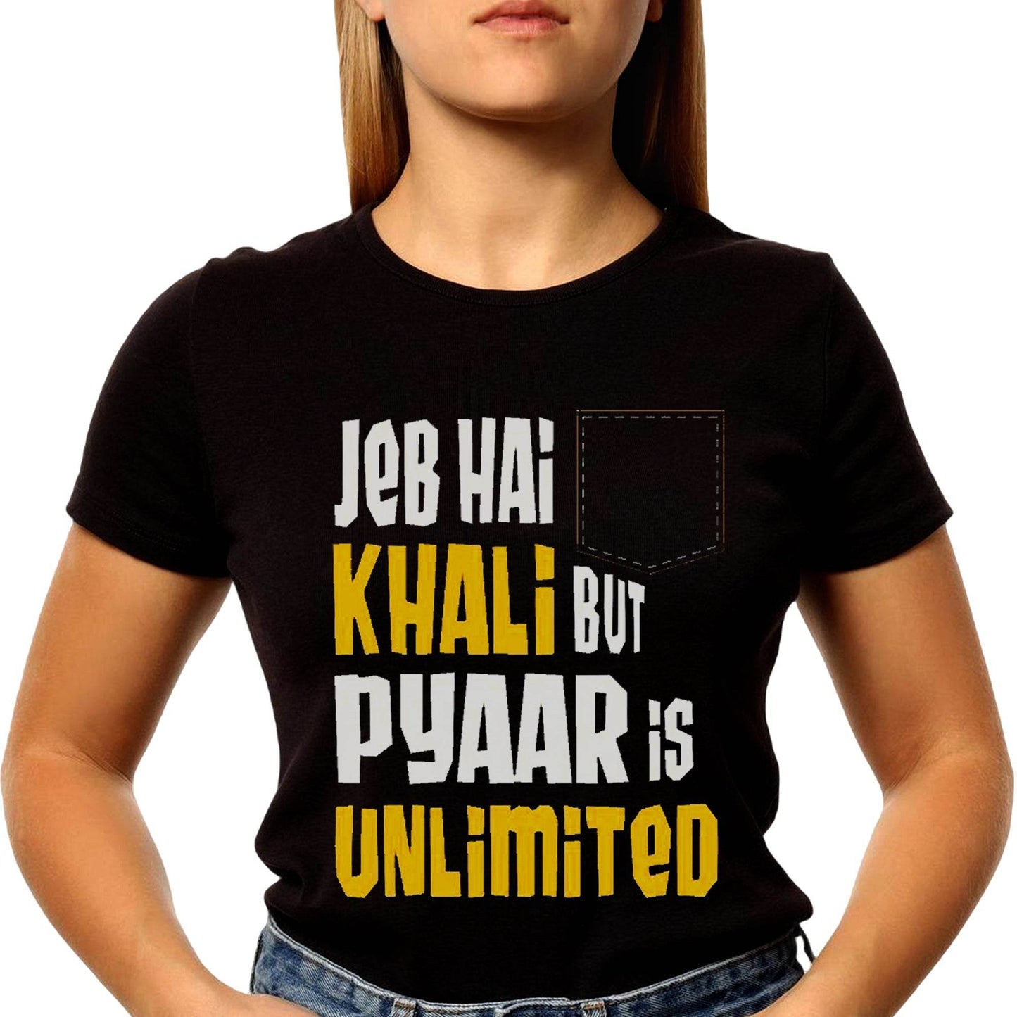 JEB HAI KHALI BUT PYAAR IS UNLIMITED - Unisex Round Neck Regular Fit 100% Combed Cotton Half Sleeve T-Shirt - Mojilo Mart