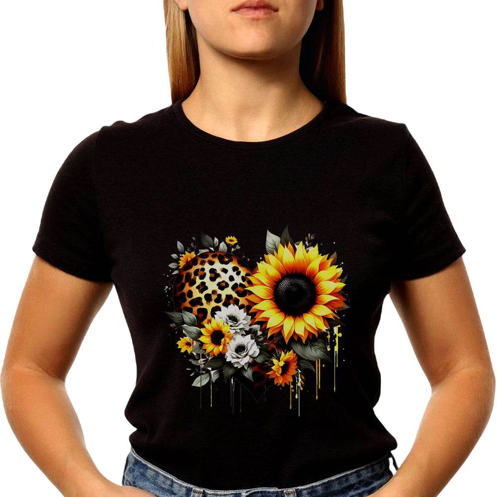 Leopard print heart design with sunflowers - Unisex Round Neck Regular Fit 100% Combed Cotton Half Sleeve T-Shirt - Mojilo Mart