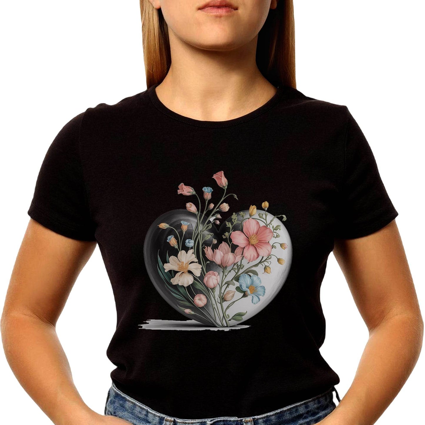 Love Flower Heart - Unisex Round Neck Regular Fit 100% Combed Cotton Half Sleeve T-Shirt - Mojilo Mart