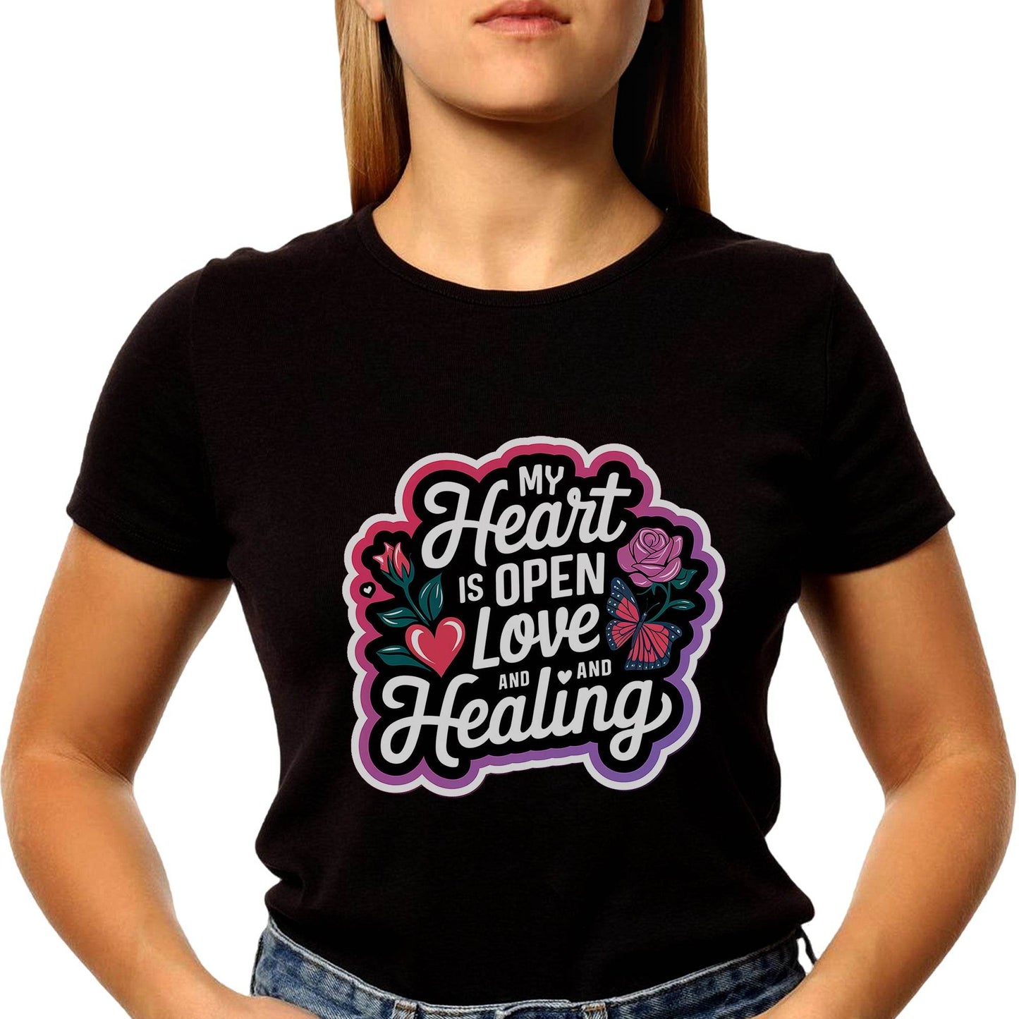 MY HEART IS OPEN LOVE AND HEALING - Unisex Round Neck Regular Fit 100% Combed Cotton Half Sleeve T-Shirt (Copy) - Mojilo Mart