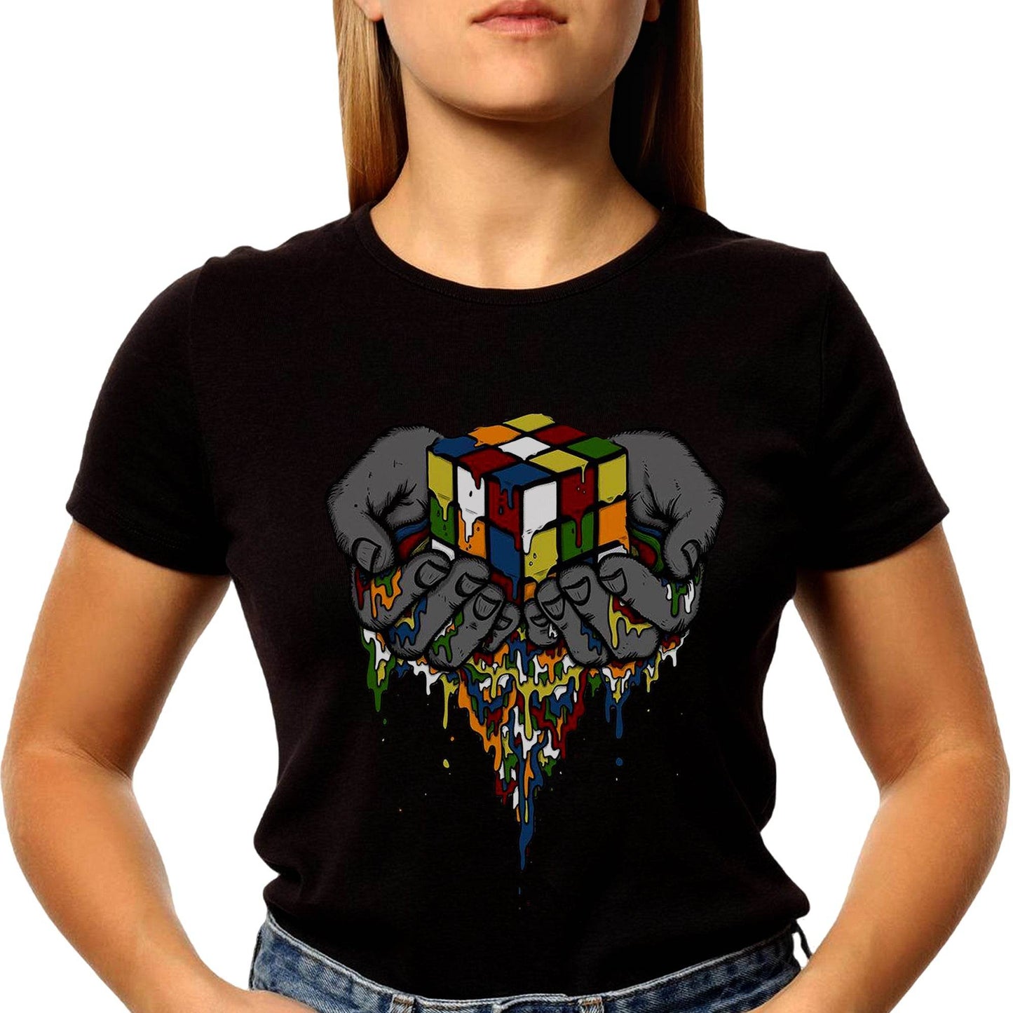 Melting Rubik's Cube in Hands - Unisex Round Neck Regular Fit 100% Combed Cotton Half Sleeve T-Shirt - Mojilo Mart