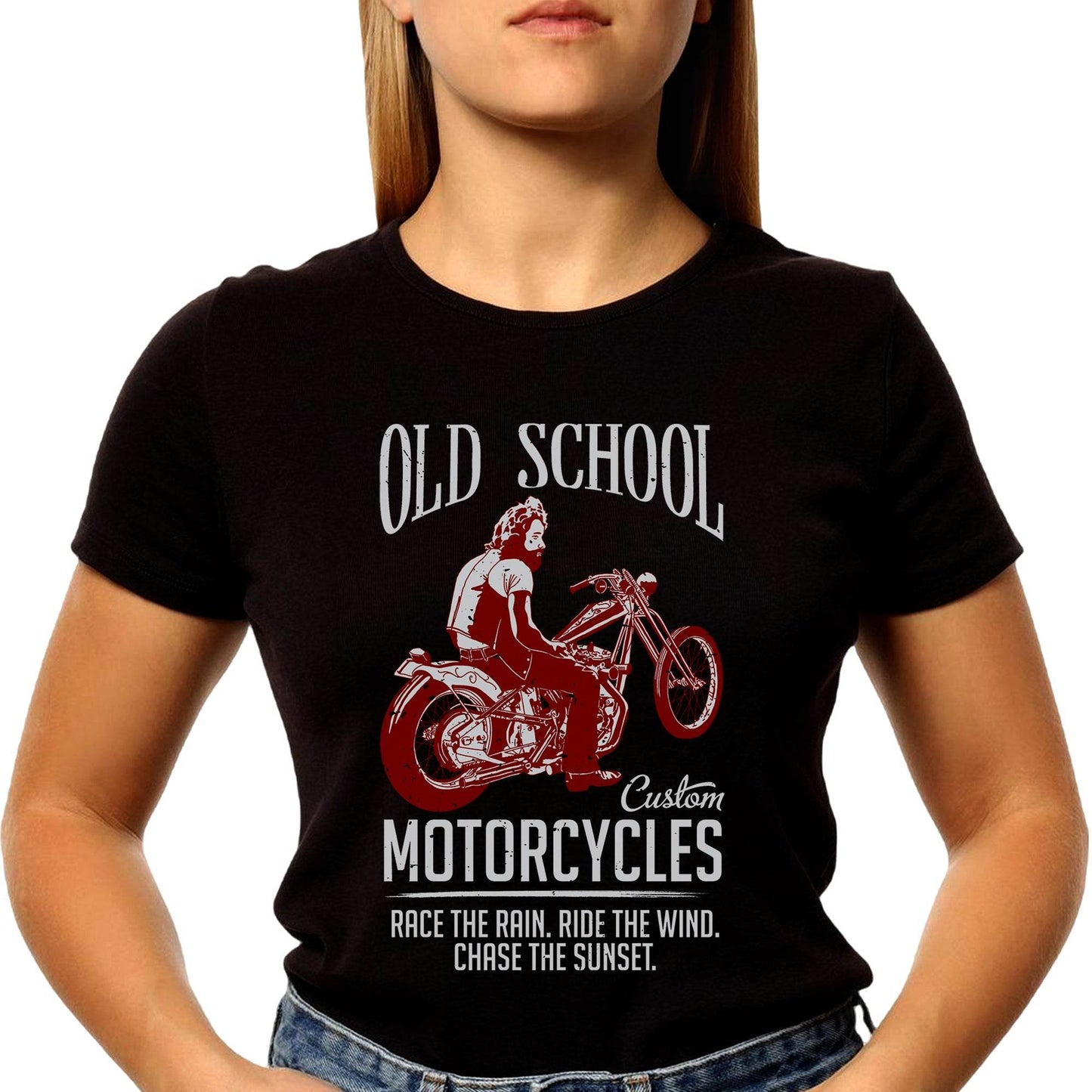 OLD SCHOOL Custom MOTORCYCLES RACE THE RAIN. RIDE THE WIND. CHASE THE SUNSET - Unisex Round Neck Regular Fit 100% Combed Cotton Half Sleeve T-Shirt - Mojilo Mart
