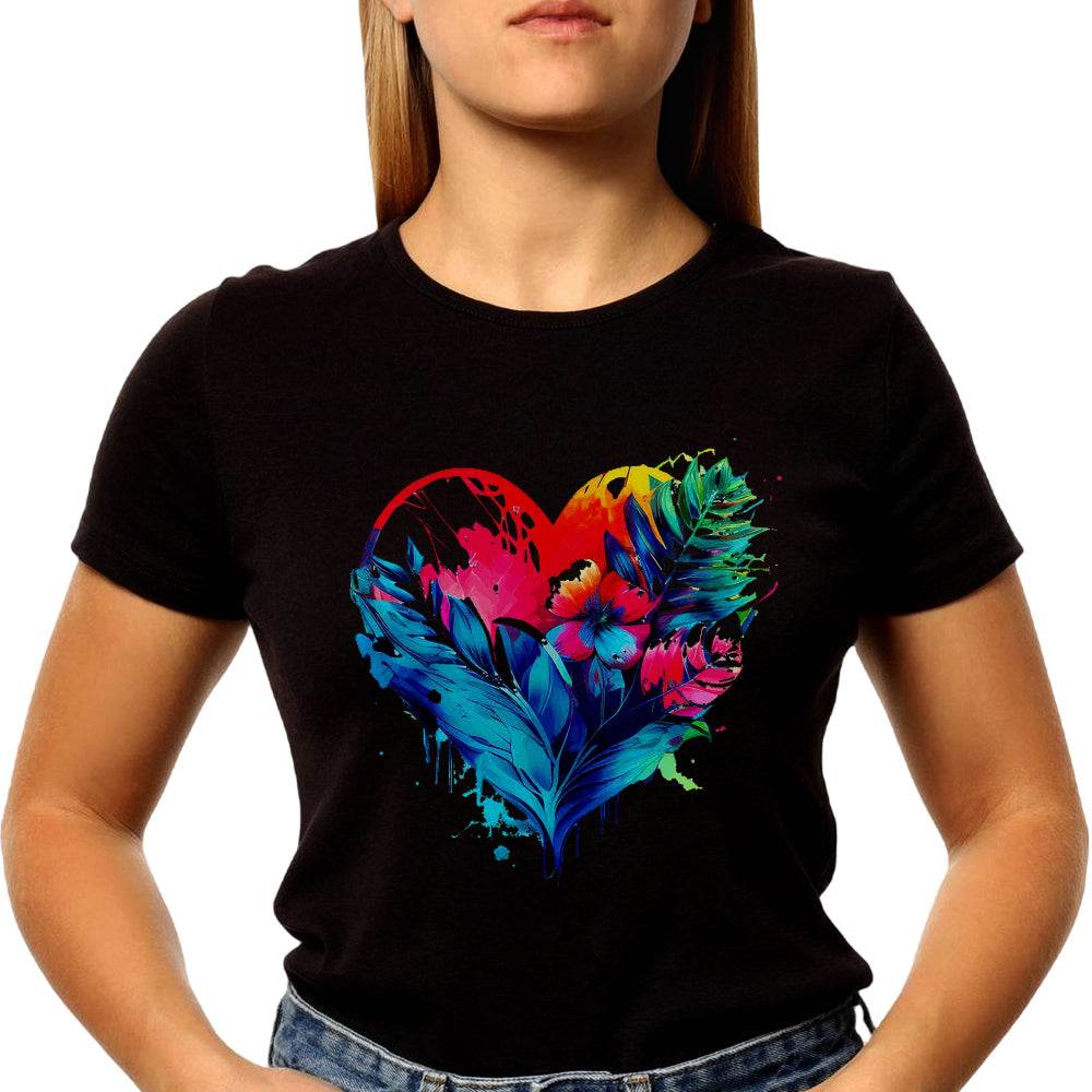 Oil painting of a heart with vines and flowers - Unisex Round Neck Regular Fit 100% Combed Cotton Half Sleeve T-Shirt - Mojilo Mart