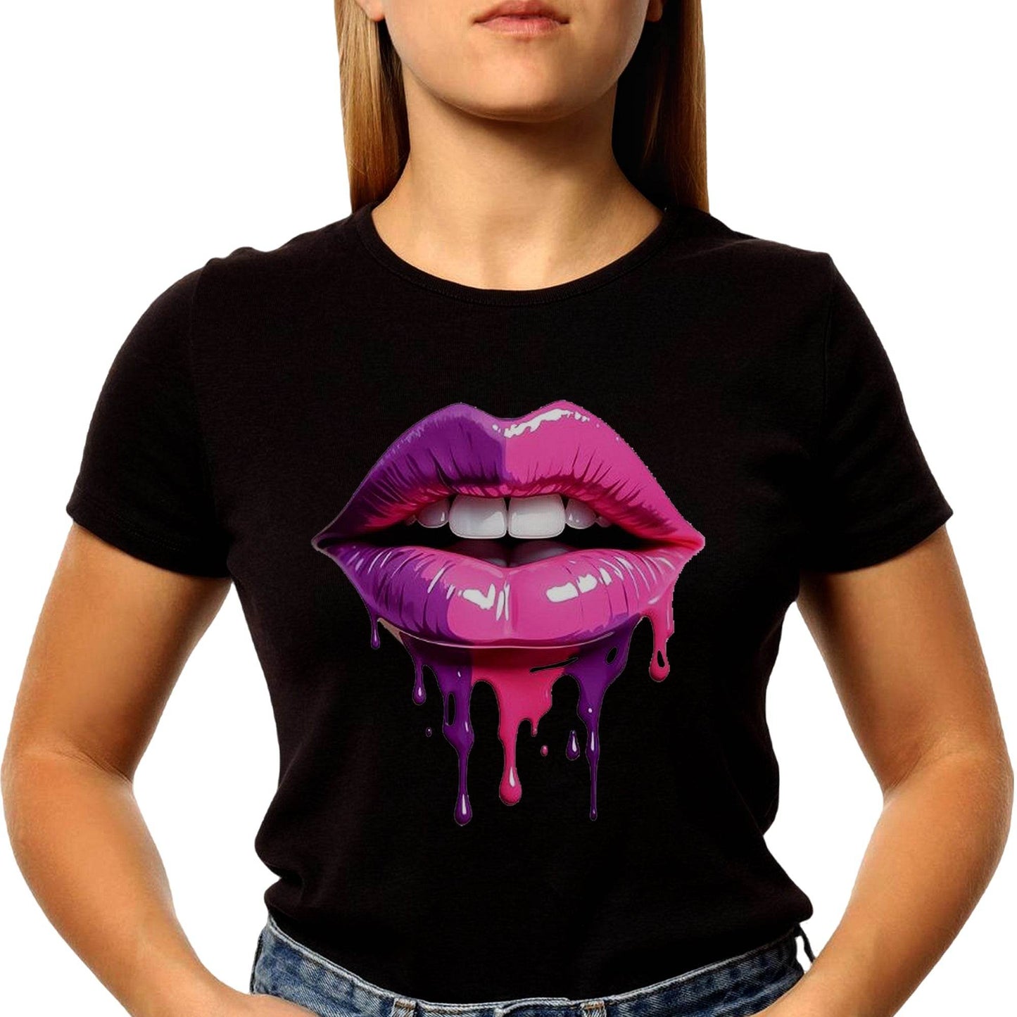 Purple and pink lips with a dripping liquid - Unisex Round Neck Regular Fit 100% Combed Cotton Half Sleeve T-Shirt - Mojilo Mart
