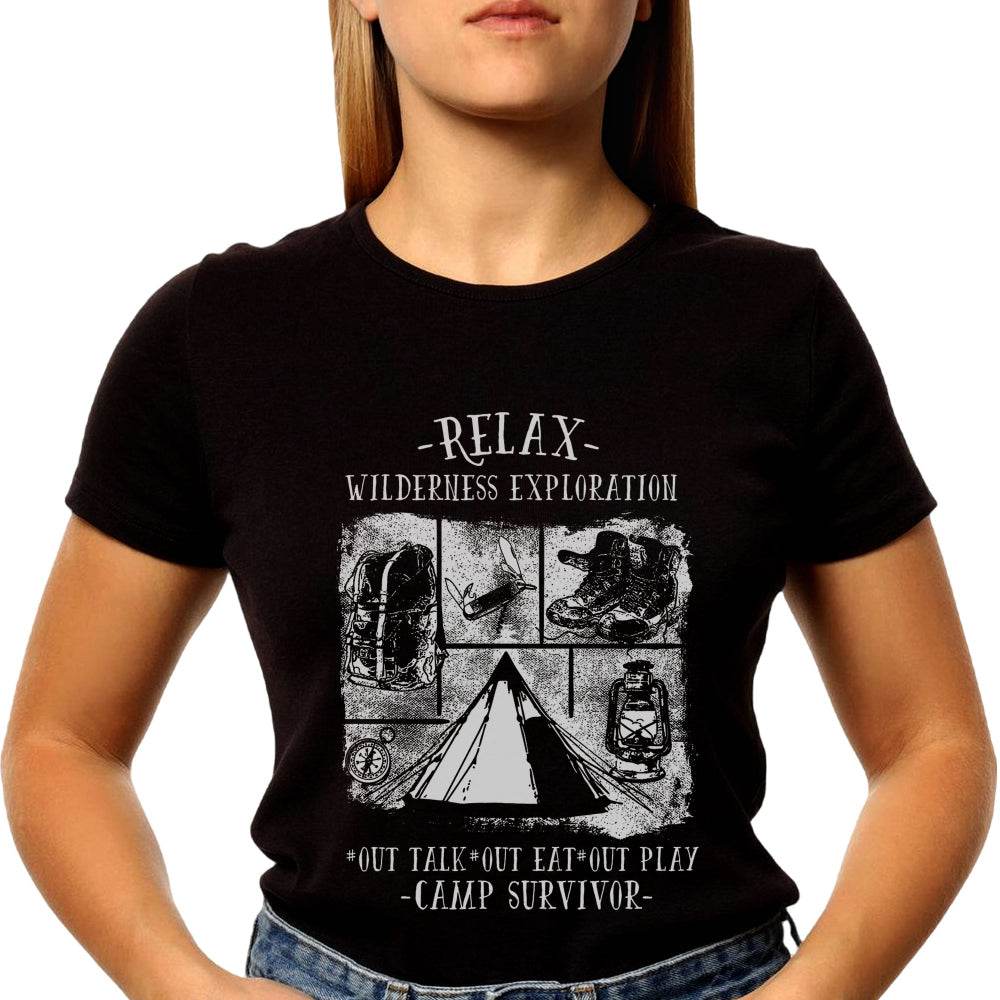RELAX WILDERNESS EXPLORATION OUT TALK OUT EAT OUT PLAY CAMP SURVIVOR - Unisex Round Neck Regular Fit 100% Combed Cotton Half Sleeve T-Shirt - Mojilo Mart