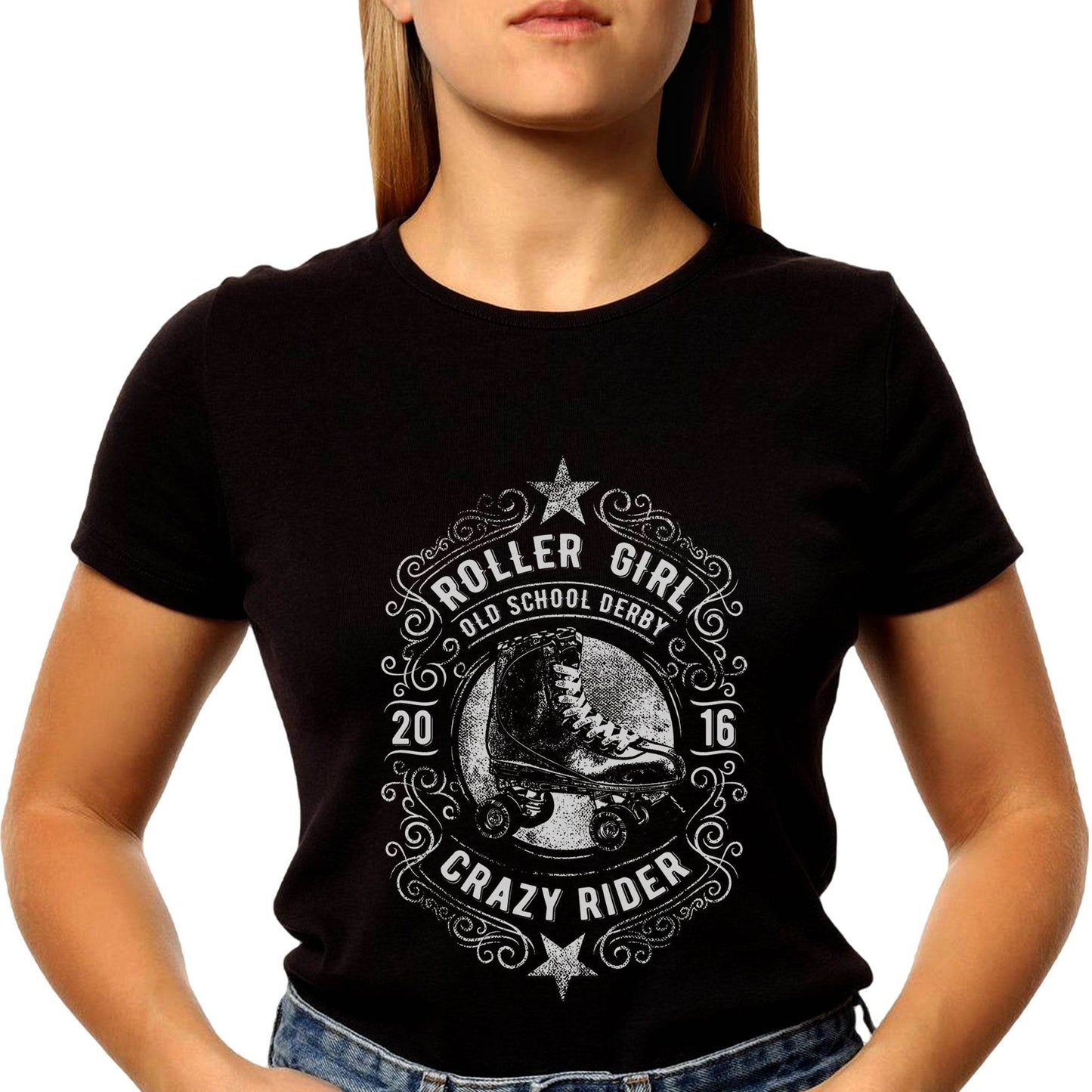 ROLLER GIRL OLD SCHOOL DERBY 2016 CRAZY RIDER - Unisex Round Neck Regular Fit 100% Combed Cotton Half Sleeve T-Shirt - Mojilo Mart