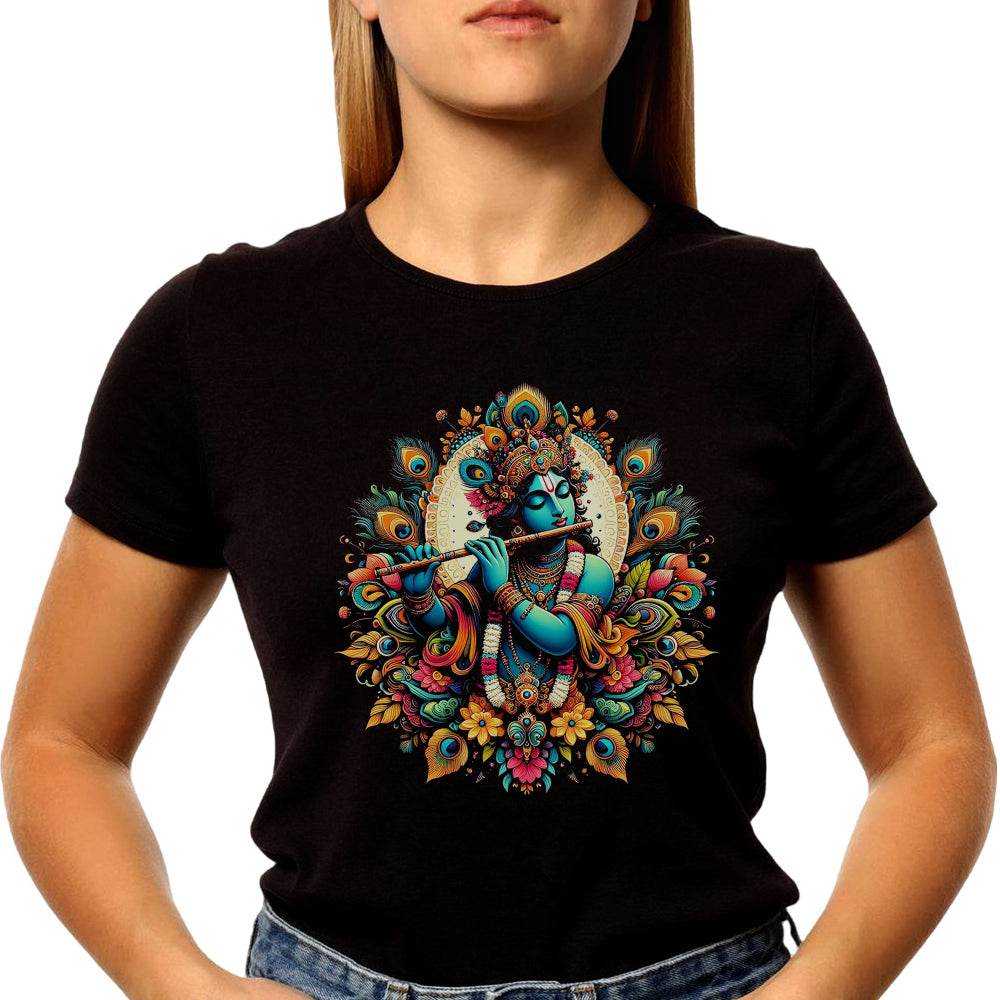 Serene Krishna Art Work - Unisex Round Neck Regular Fit 100% Combed Cotton Half Sleeve T-Shirt - Mojilo Mart