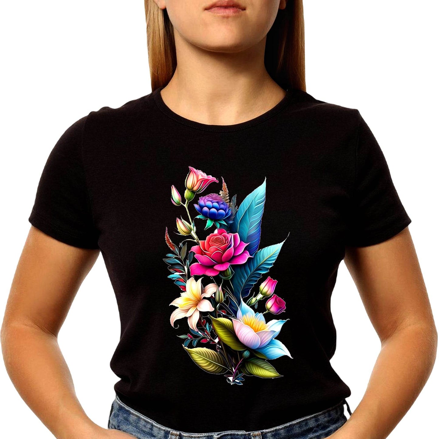 White Roses Peach Roses Purple Roses Floral Flower - Unisex Round Neck Regular Fit 100% Combed Cotton Half Sleeve T-Shirt - Mojilo Mart