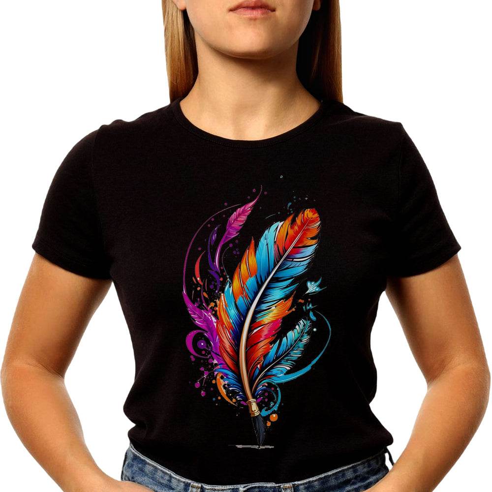 Feather pen drawing a colorful line Photographic - Unisex Round Neck Regular Fit 100% Combed Cotton Half Sleeve T-Shirt - Mojilo Mart