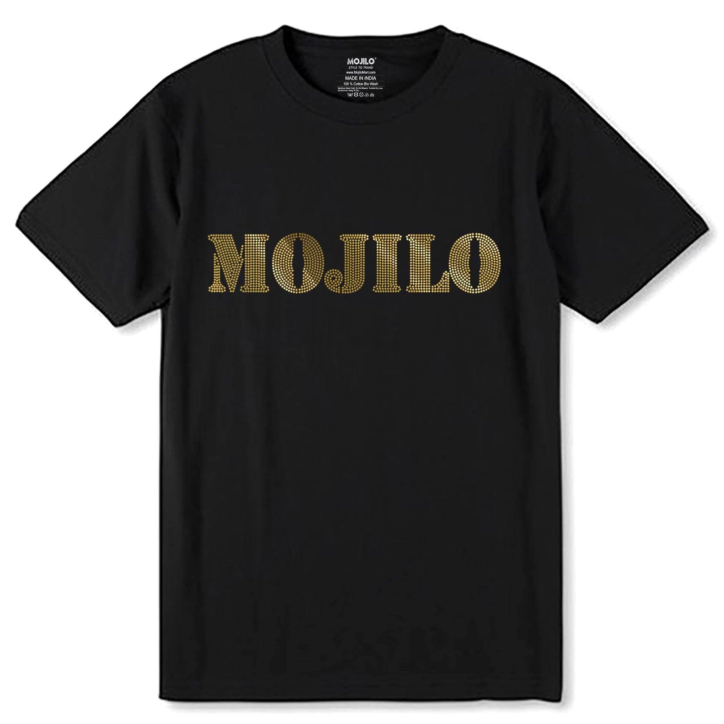 MOJILO SPANGLE WRITING DOTT GOLD - Unisex Round Neck Regular Fit 100% Combed Cotton Half Sleeve T-Shirt - Mojilo Mart