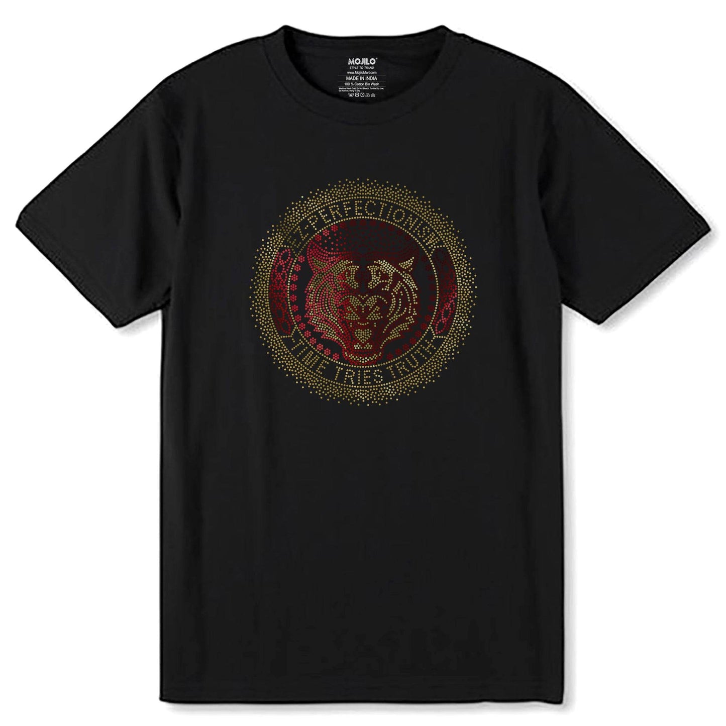 RED & GOLD SPANGLE TIGER EZ-PERFECTIONISM -TIME TRIES TRUTH - Unisex Round Neck Regular Fit 100% Combed Cotton Half Sleeve T-Shirt - Mojilo Mart