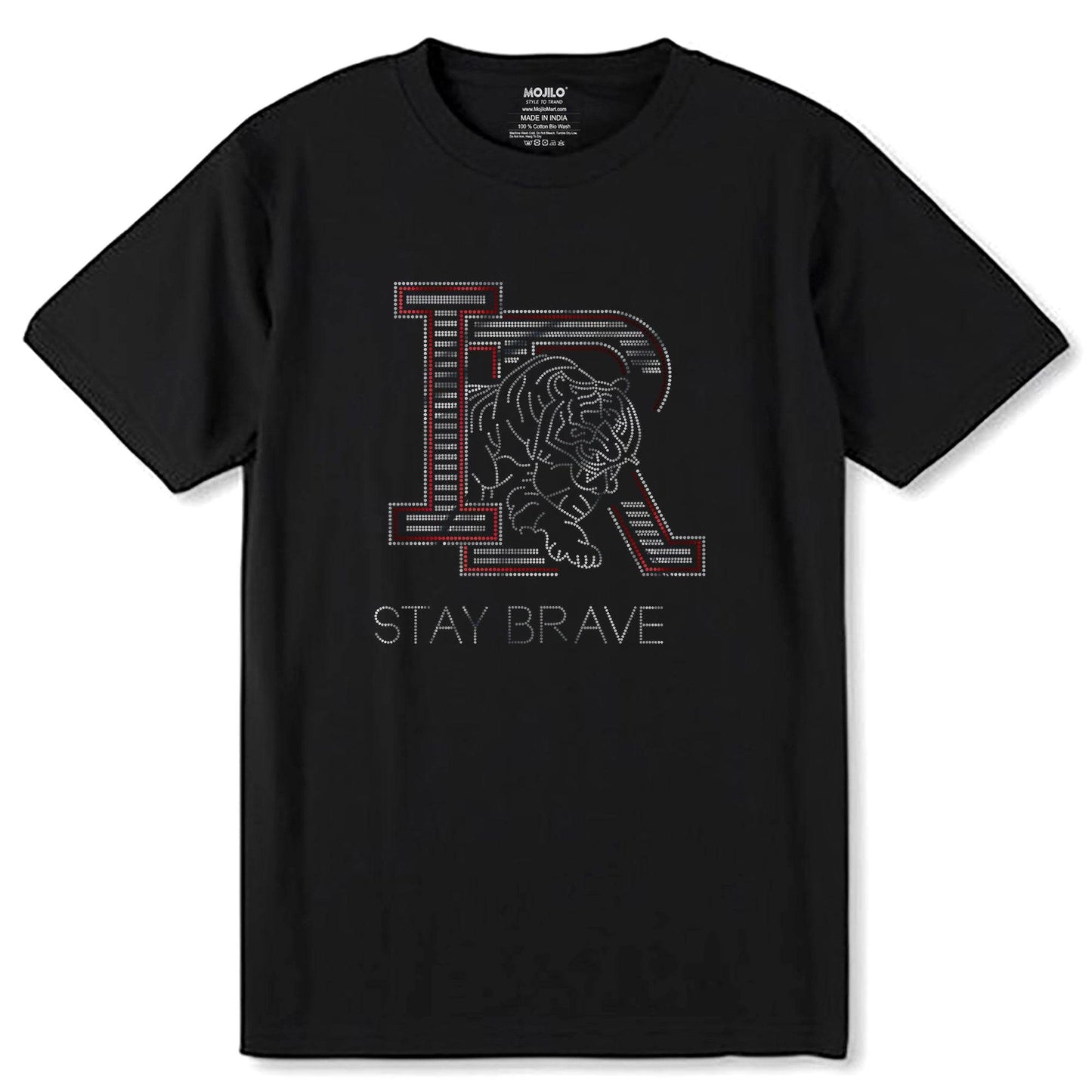 RED & SILVER SPANGLE IR STAY BRAVE - Unisex Round Neck Regular Fit 100% Combed Cotton Half Sleeve T-Shirt - Mojilo Mart