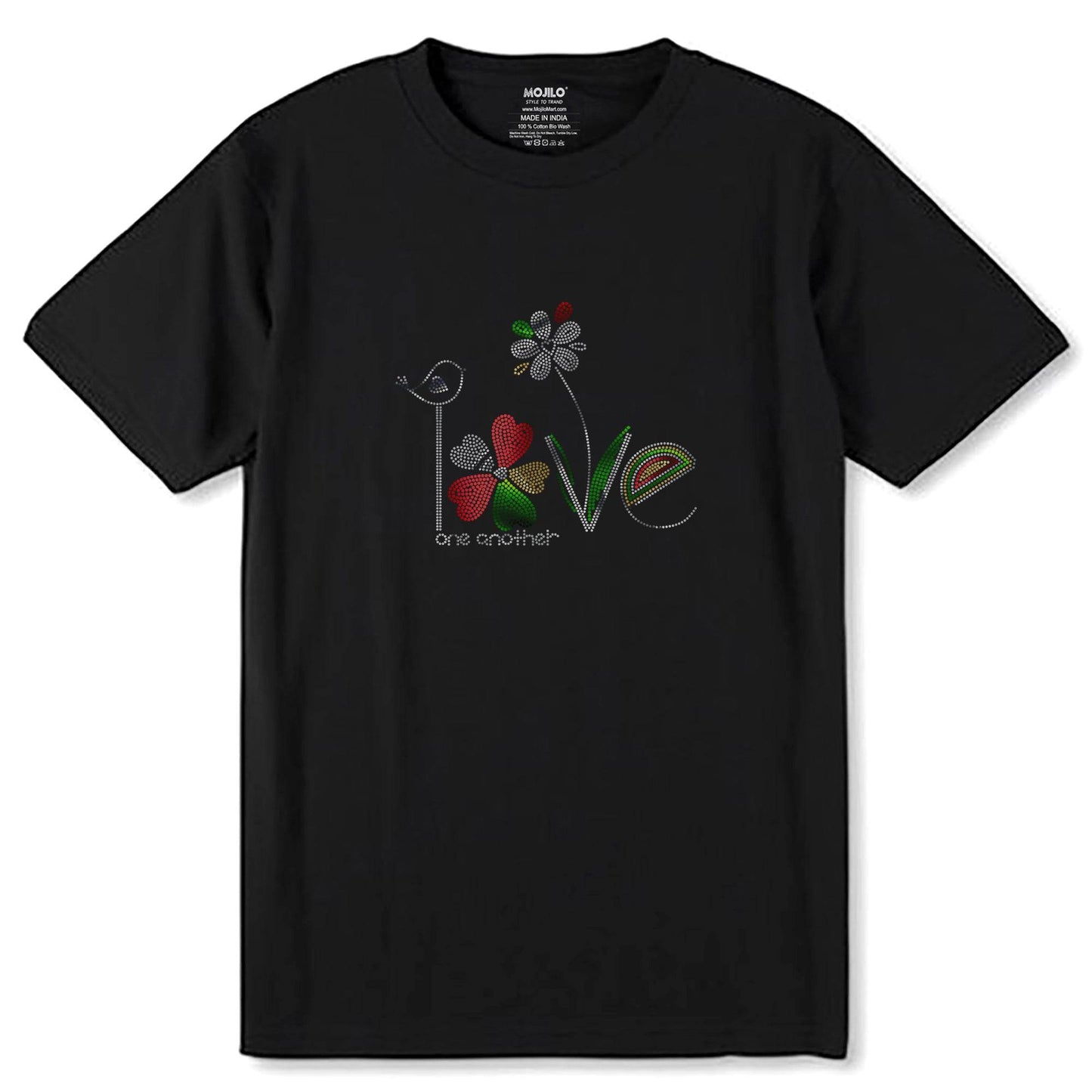 SILVER-GREEN & RED SPANGLE LOVE one another - Unisex Round Neck Regular Fit 100% Combed Cotton Half Sleeve T-Shirt - Mojilo Mart