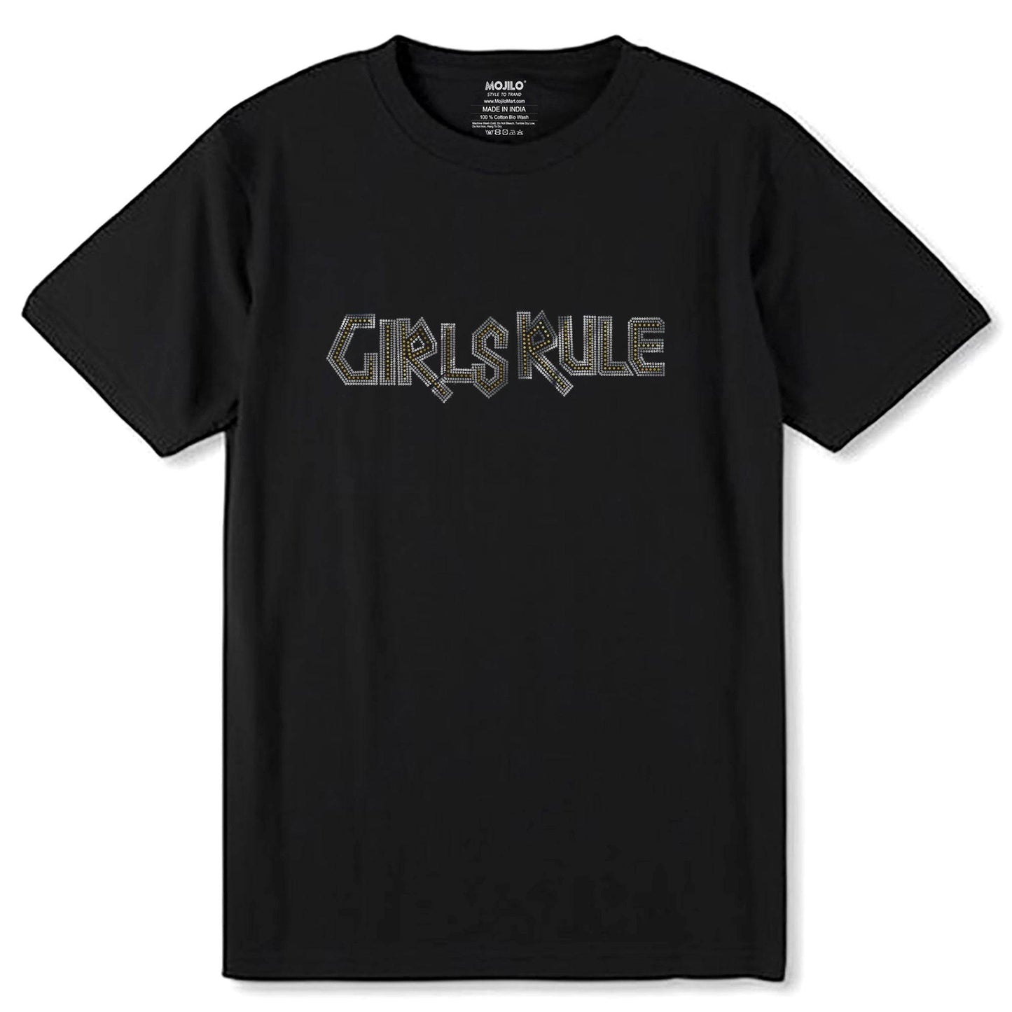 SILVER & GOLD SPANGLE GIRLS RULE - Unisex Round Neck Regular Fit 100% Combed Cotton Half Sleeve T-Shirt - Mojilo Mart