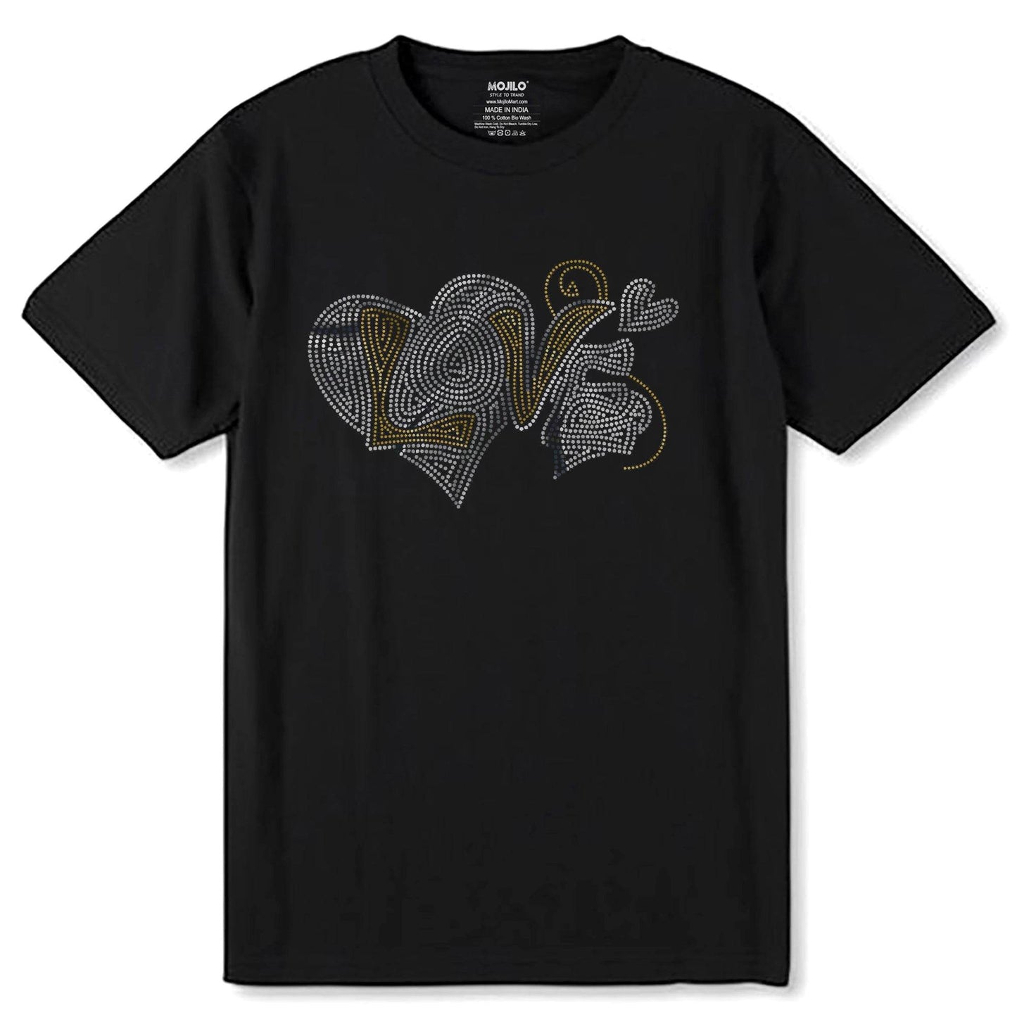 SILVER & GOLD SPANGLE LOVE IN HEART - Unisex Round Neck Regular Fit 100% Combed Cotton Half Sleeve T-Shirt - Mojilo Mart