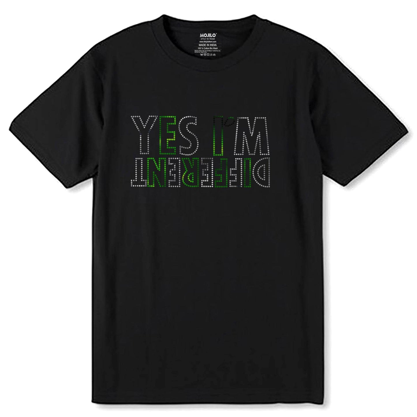 SILVER & GREEN SPANGLE YES I'M DFERENT - Unisex Round Neck Regular Fit 100% Combed Cotton Half Sleeve T-Shirt - Mojilo Mart