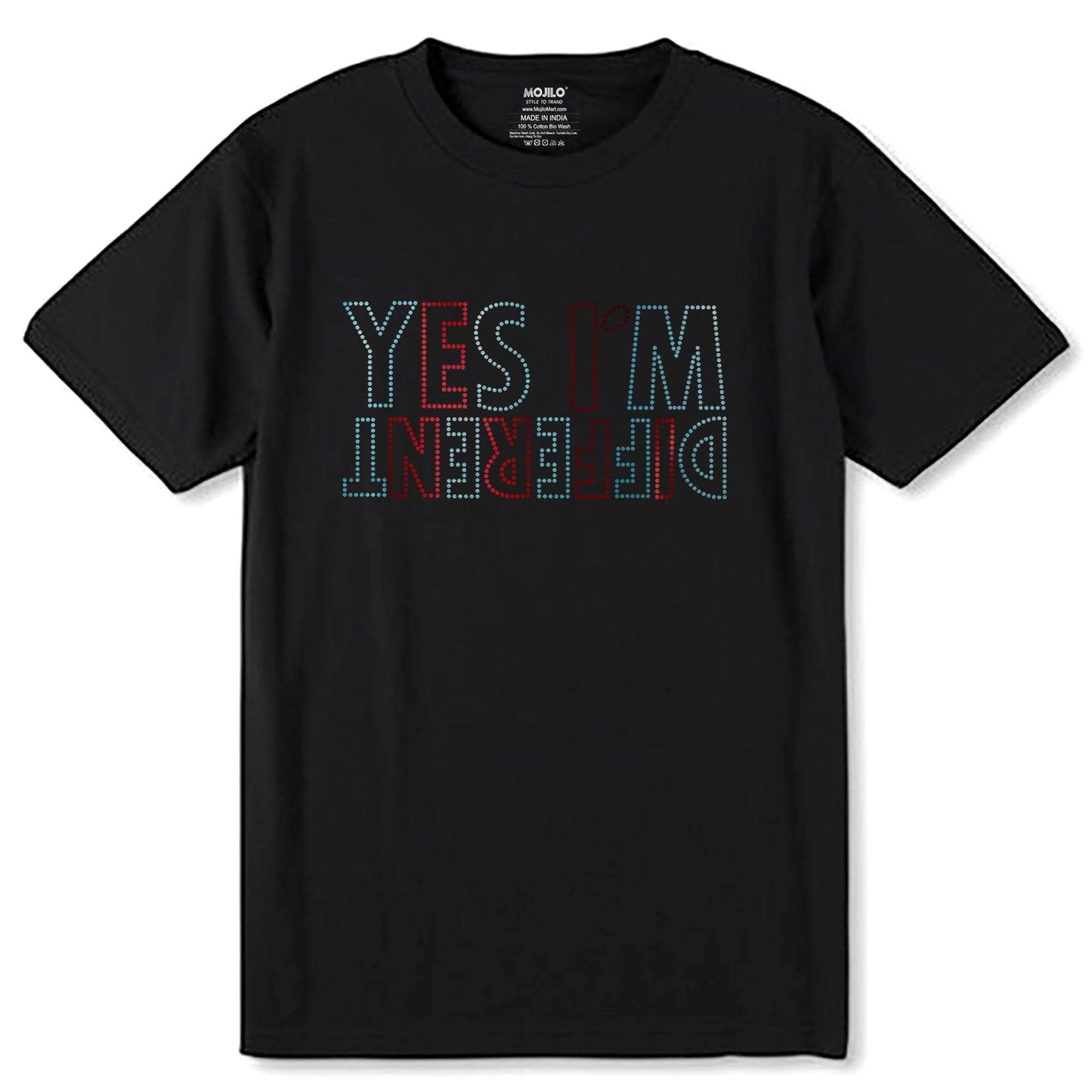 SKYBLUE & RED SPANGLE YES I'M DFERENT - Unisex Round Neck Regular Fit 100% Combed Cotton Half Sleeve T-Shirt - Mojilo Mart