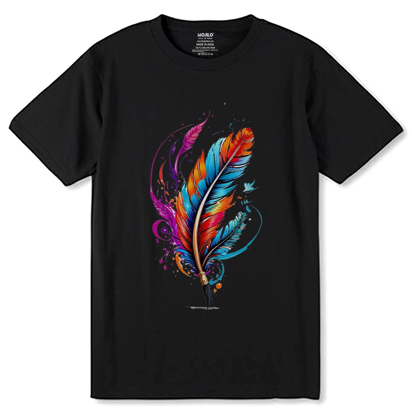 Feather pen drawing a colorful line Photographic - Unisex Round Neck Regular Fit 100% Combed Cotton Half Sleeve T-Shirt - Mojilo Mart