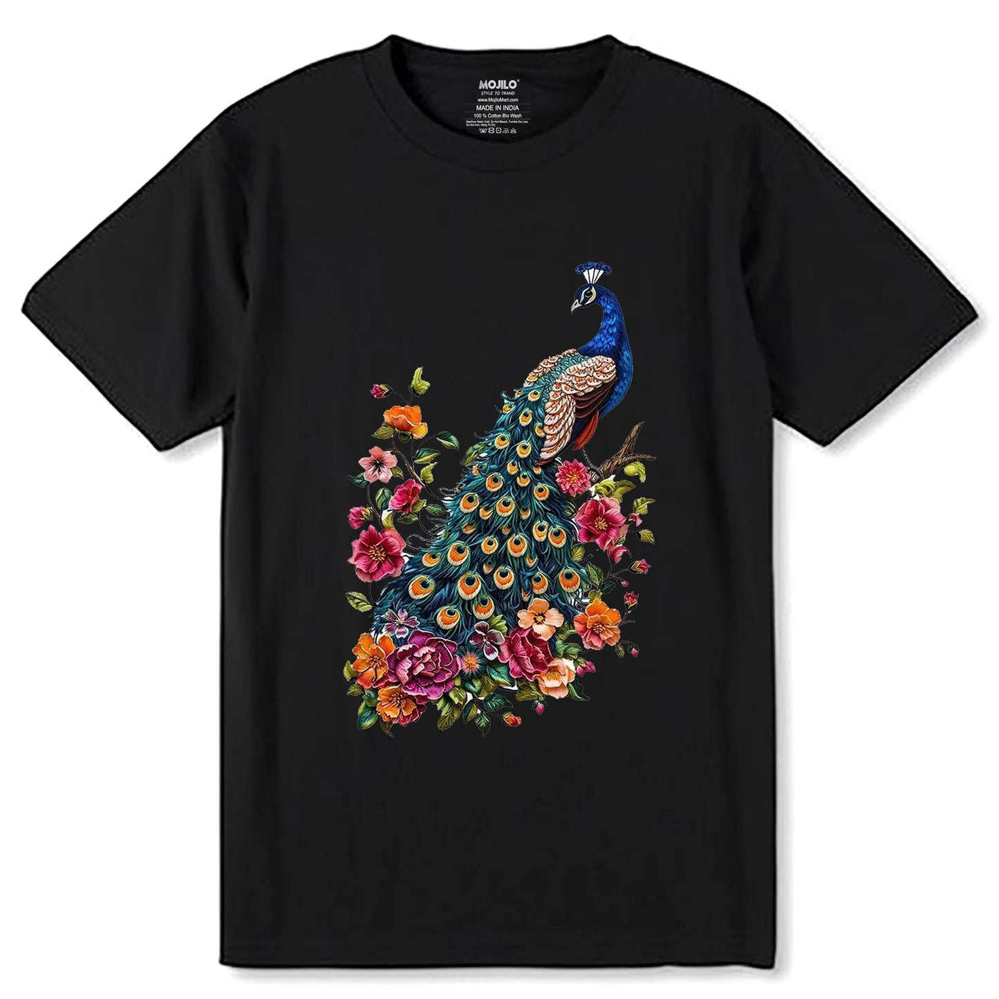 Floral Peacock Print Heavyweight - Unisex Round Neck Regular Fit 100% Combed Cotton Half Sleeve T-Shirt - Mojilo Mart