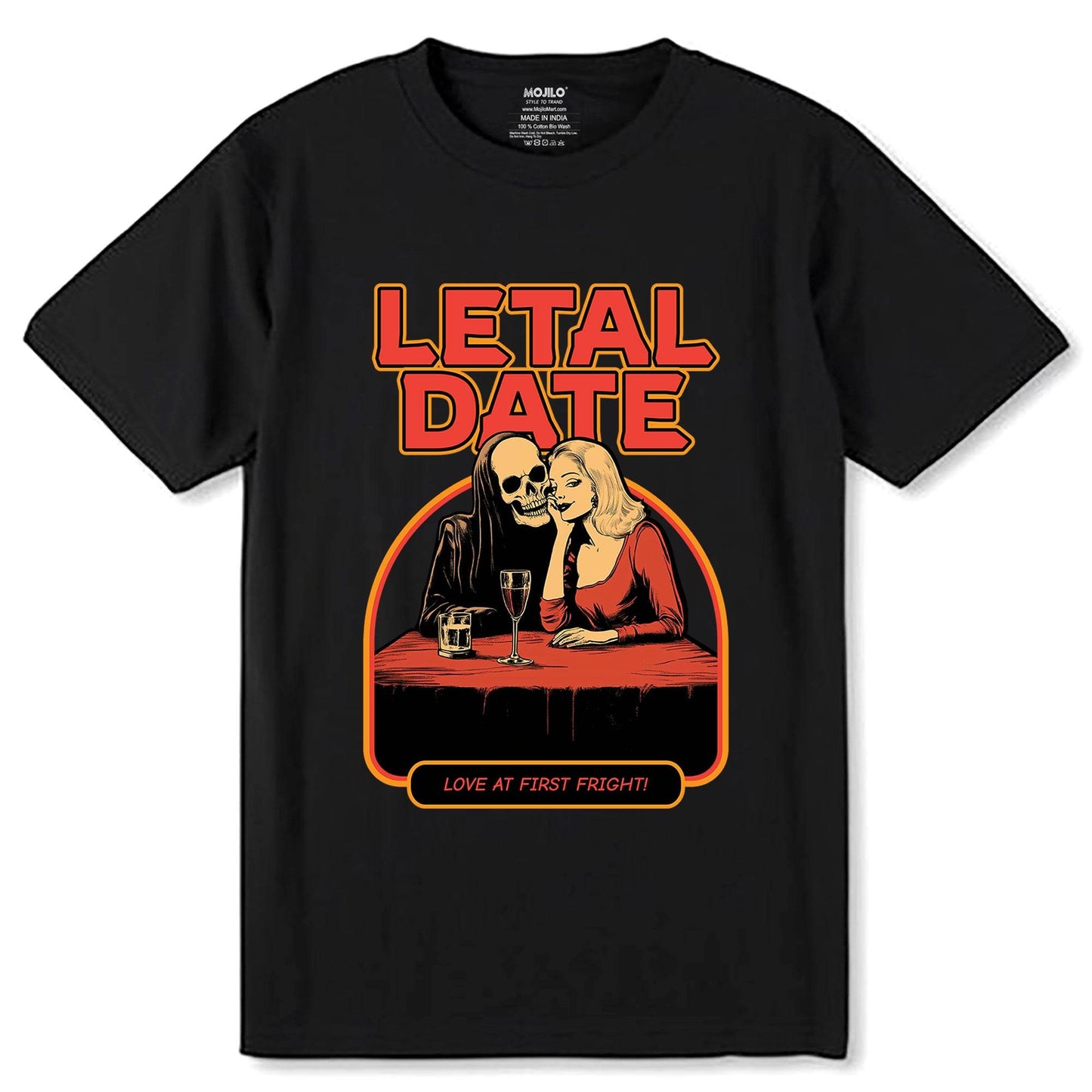 Letal Date Love At First Frighti - Unisex Round Neck Regular Fit 100% Combed Cotton Half Sleeve T-Shirt - Mojilo Mart