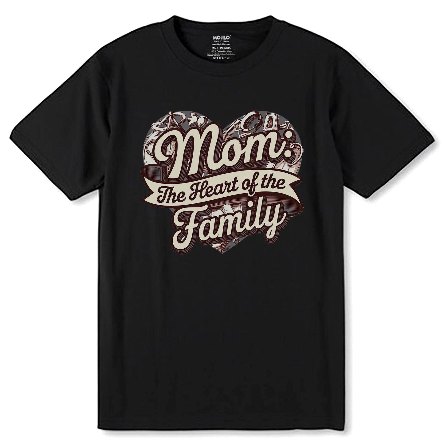Mom The Heart Of The Family - Unisex Round Neck Regular Fit 100% Combed Cotton Half Sleeve T-Shirt - Mojilo Mart