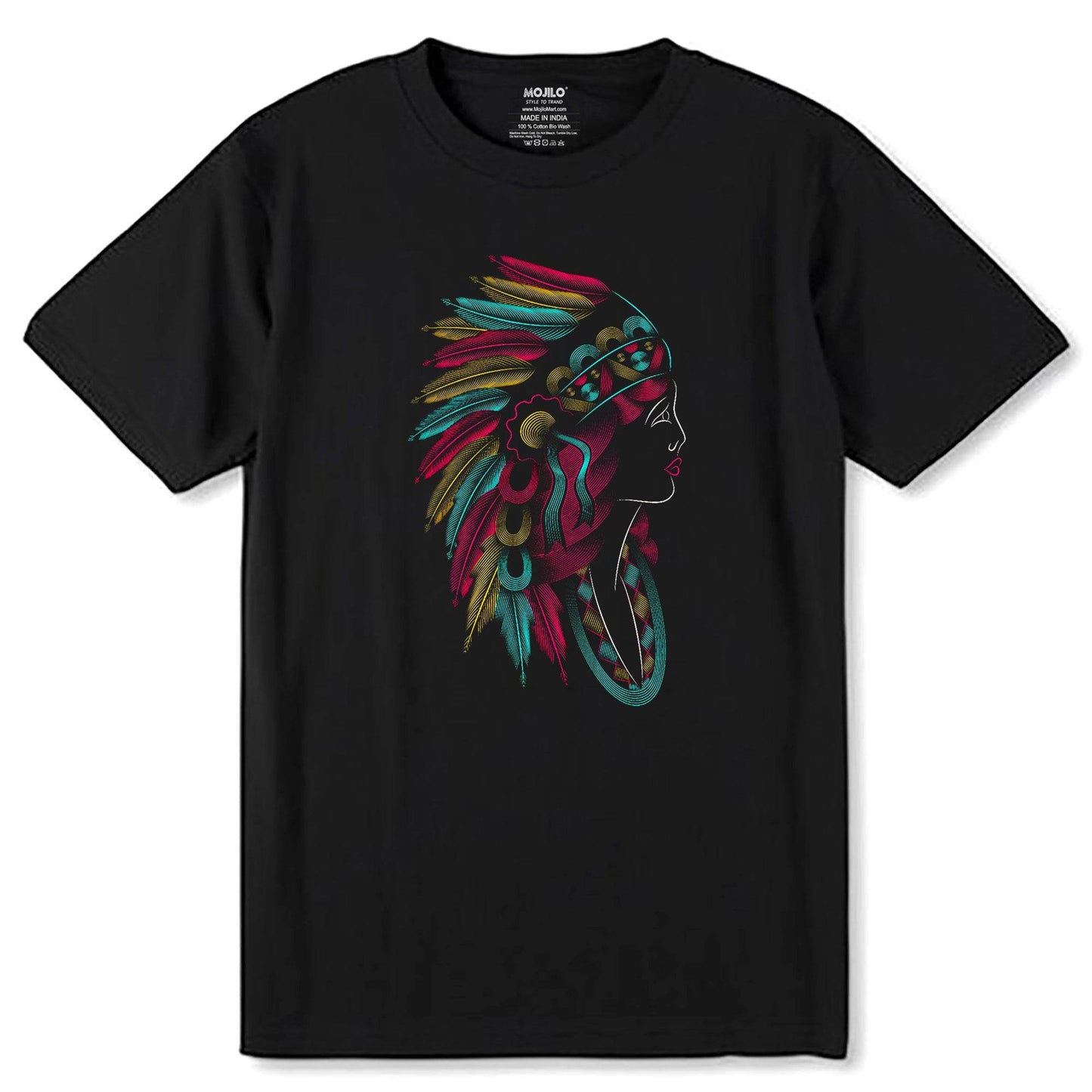Native American Headdress Feathers Tribal - Unisex Round Neck Regular Fit 100% Combed Cotton Half Sleeve T-Shirt - Mojilo Mart
