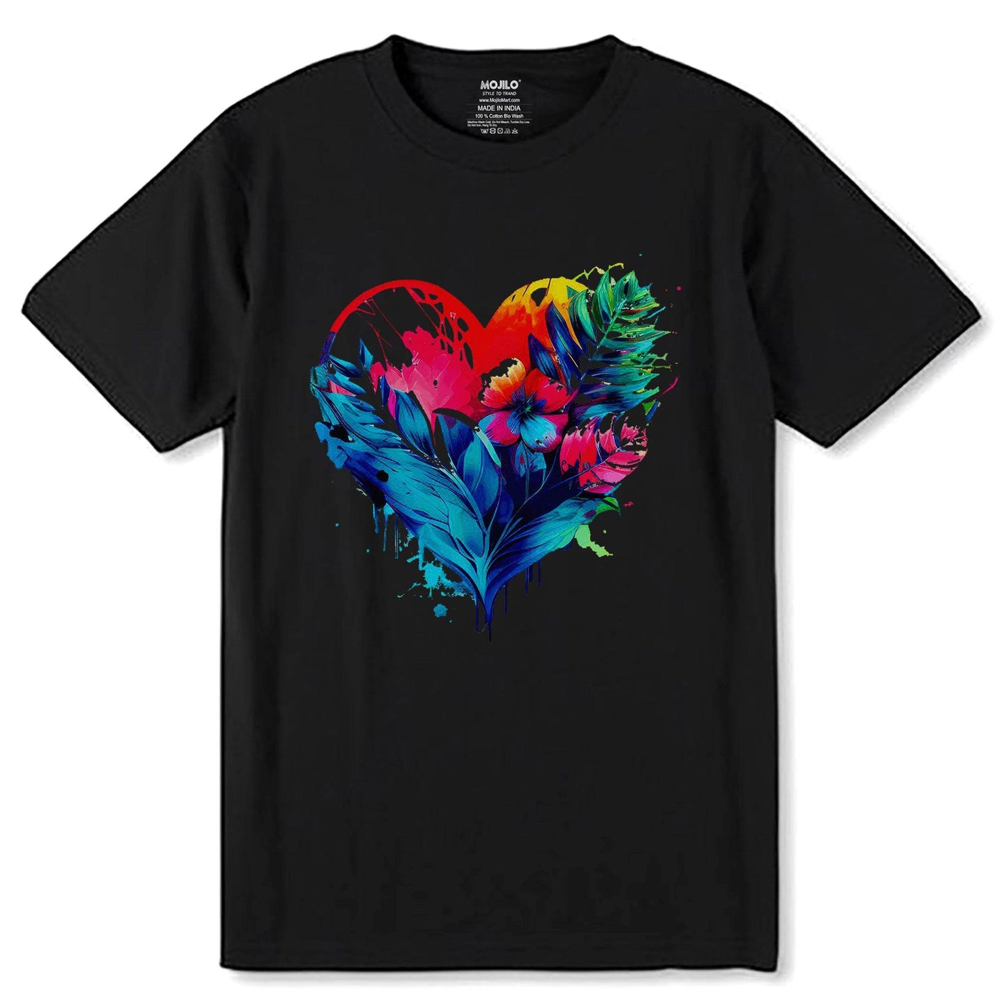 Oil painting of a heart with vines and flowers - Unisex Round Neck Regular Fit 100% Combed Cotton Half Sleeve T-Shirt - Mojilo Mart