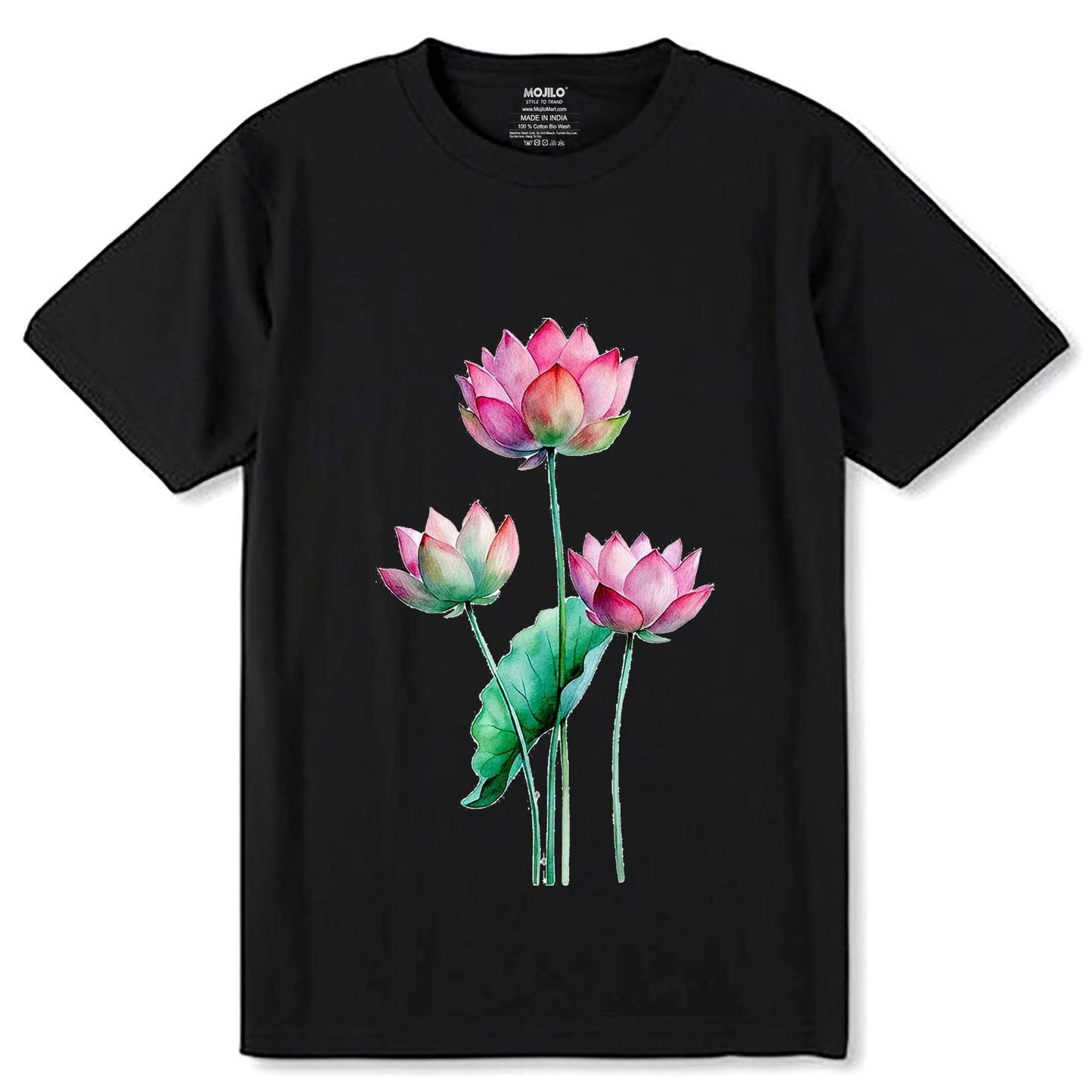 Pink Lotus Flower - Unisex Round Neck Regular Fit 100% Combed Cotton Half Sleeve T-Shirt - Mojilo Mart