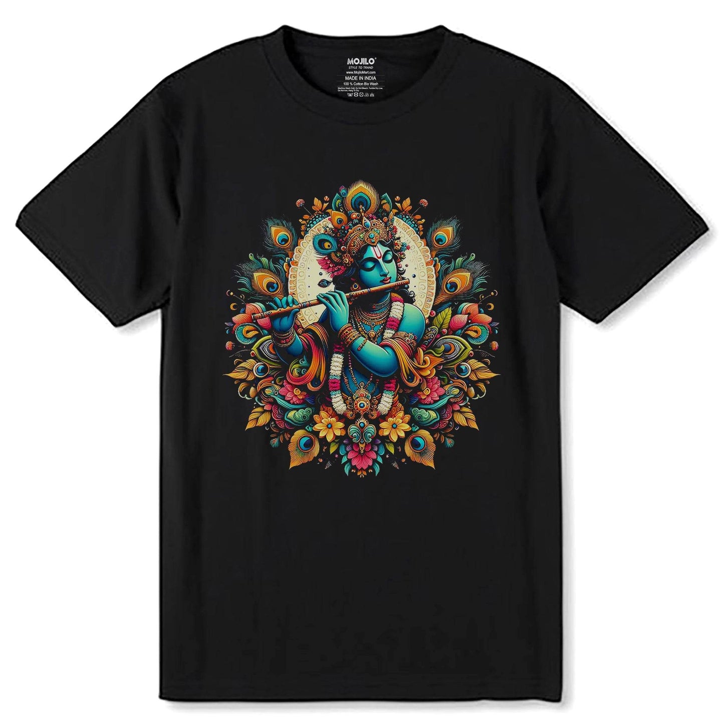 Serene Krishna Art Work - Unisex Round Neck Regular Fit 100% Combed Cotton Half Sleeve T-Shirt - Mojilo Mart