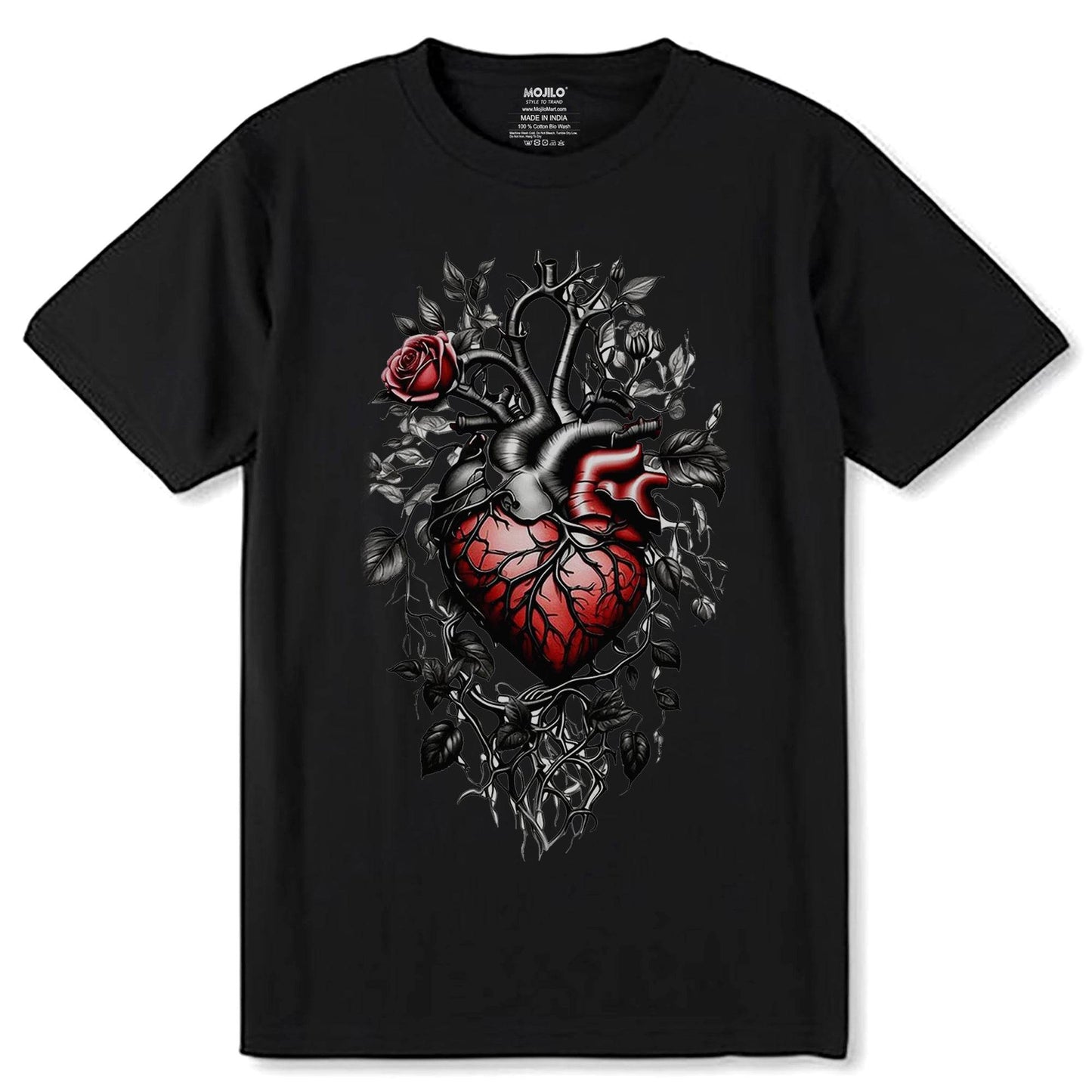 There is a heart with a skeleton and roses - Unisex Round Neck Regular Fit 100% Combed Cotton Half Sleeve T-Shirt - Mojilo Mart