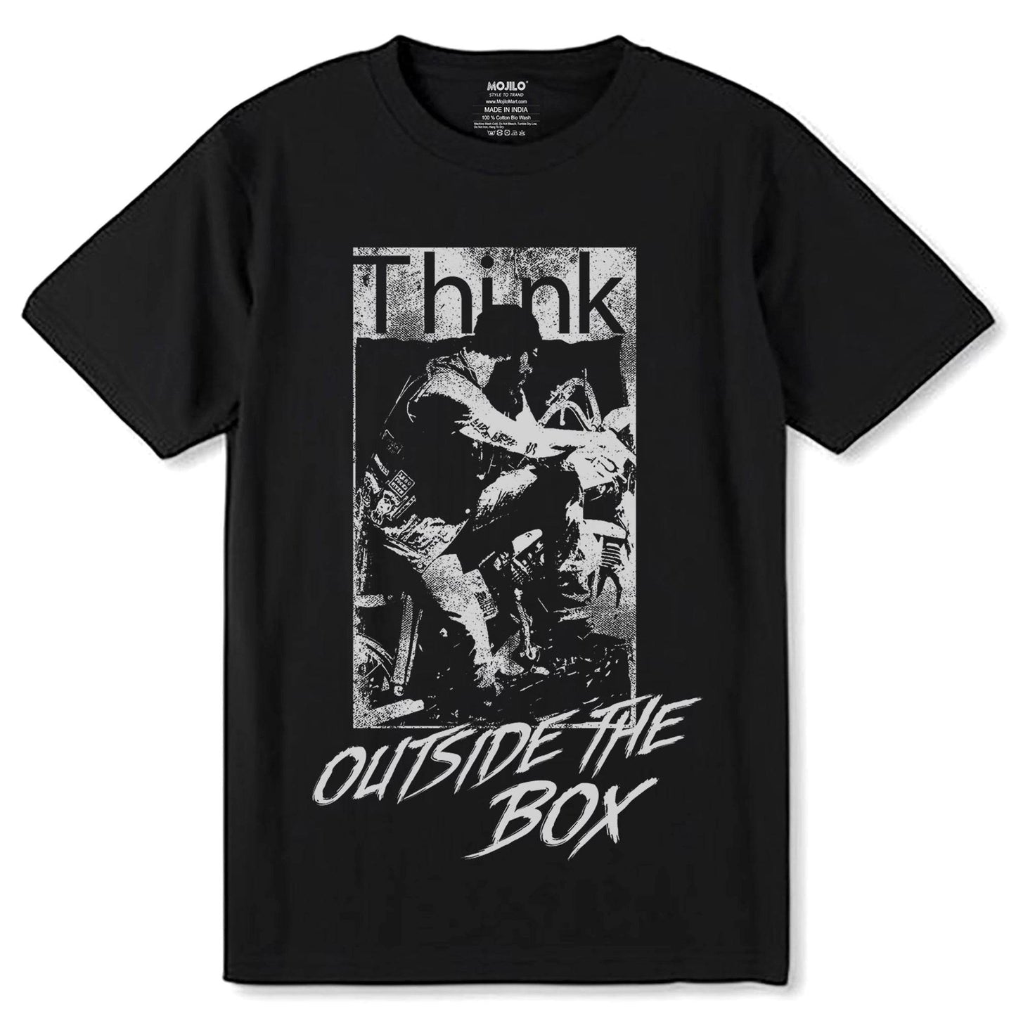 Think OUTSIDE THE BOX - Unisex Round Neck Regular Fit 100% Combed Cotton Half Sleeve T-Shirt - Mojilo Mart