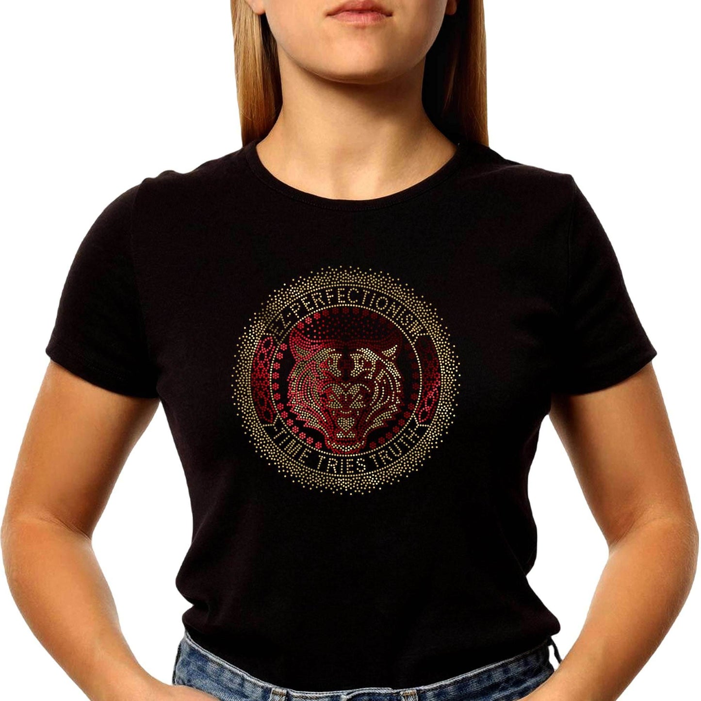 RED & GOLD SPANGLE TIGER EZ-PERFECTIONISM -TIME TRIES TRUTH - Unisex Round Neck Regular Fit 100% Combed Cotton Half Sleeve T-Shirt - Mojilo Mart