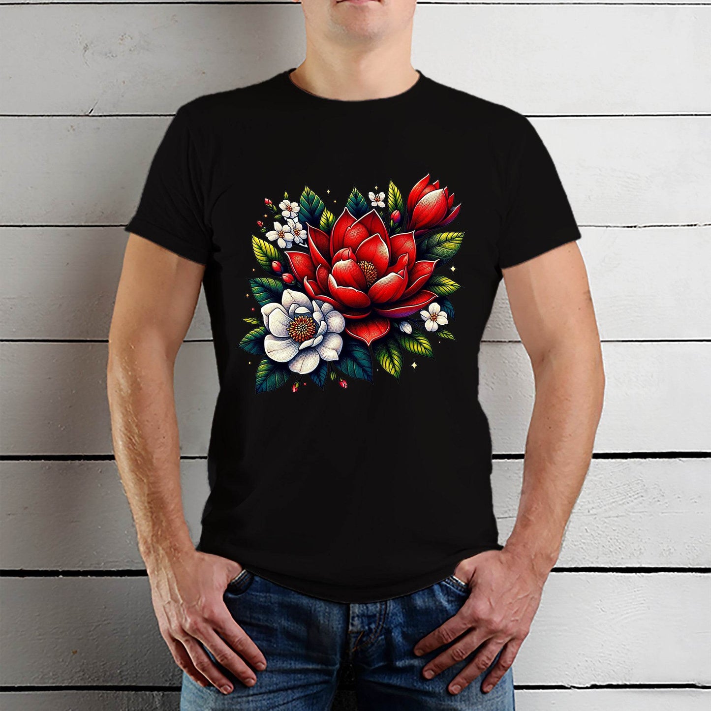 Colorful lotus flower design - Unisex Round Neck Regular Fit 100% Combed Cotton Half Sleeve T-Shirt - Mojilo Mart