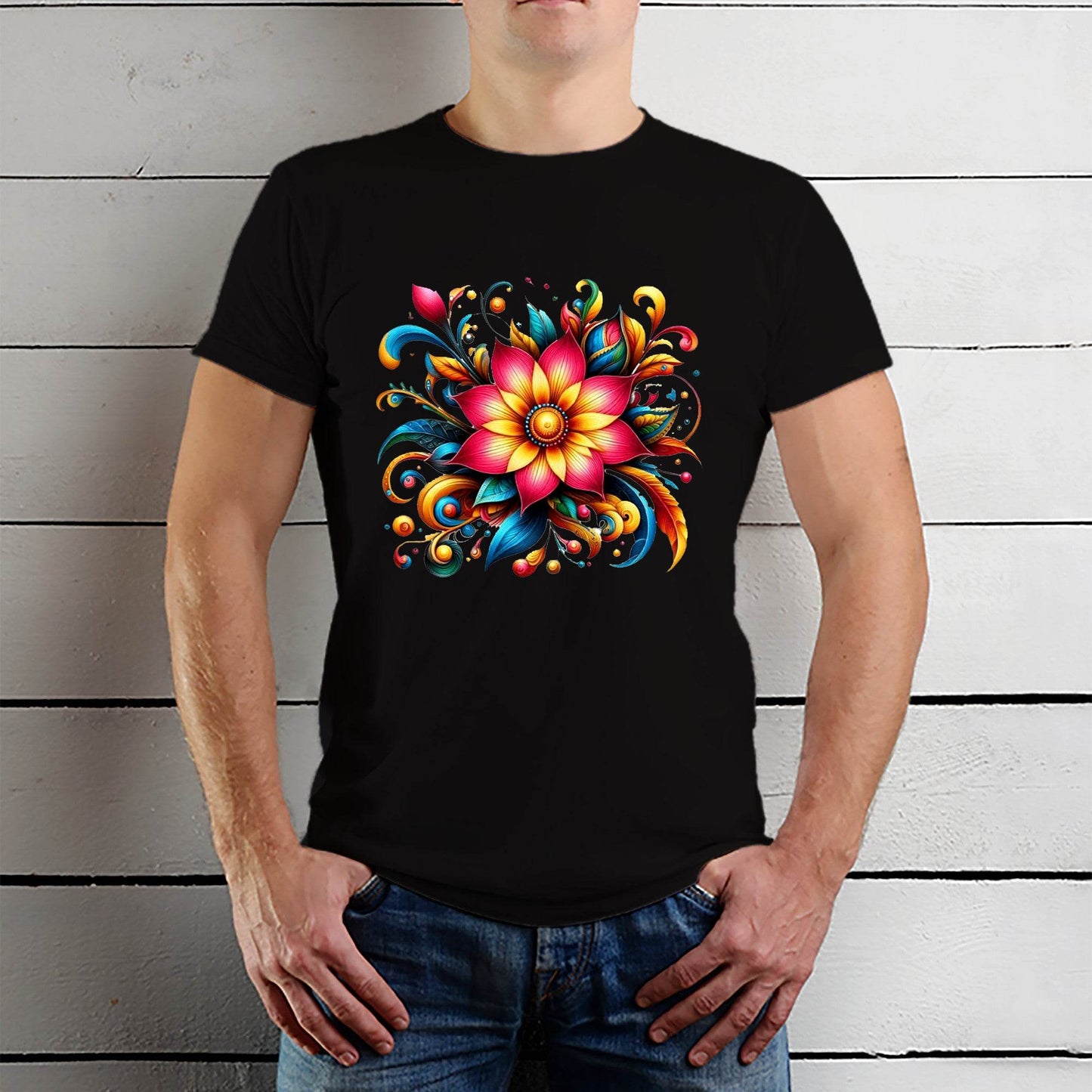 Colourful Beautiful Flowers Design - Unisex Round Neck Regular Fit 100% Combed Cotton Half Sleeve T-Shirt - Mojilo Mart