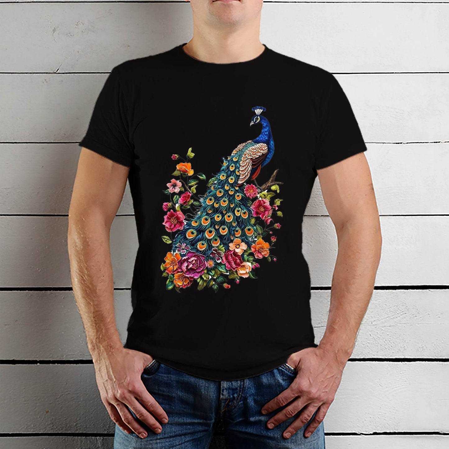 Floral Peacock Print Heavyweight - Unisex Round Neck Regular Fit 100% Combed Cotton Half Sleeve T-Shirt - Mojilo Mart
