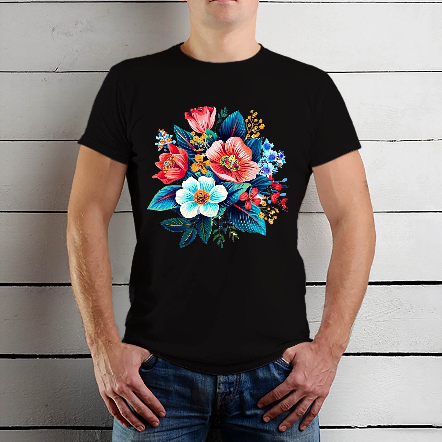 Flowers Bouquet Flower Lover Design - Unisex Round Neck Regular Fit 100% Combed Cotton Half Sleeve T-Shirt - Mojilo Mart