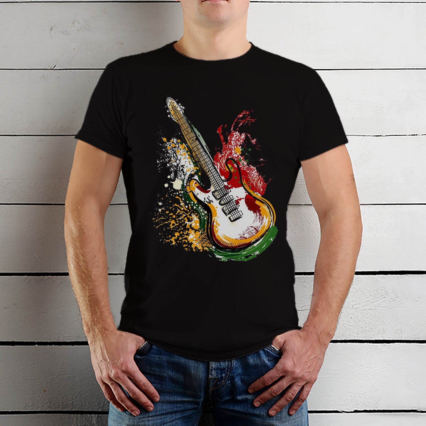 Guitar Dripping Paint Effect - Unisex Round Neck Regular Fit 100% Combed Cotton Half Sleeve T-Shirt - Mojilo Mart
