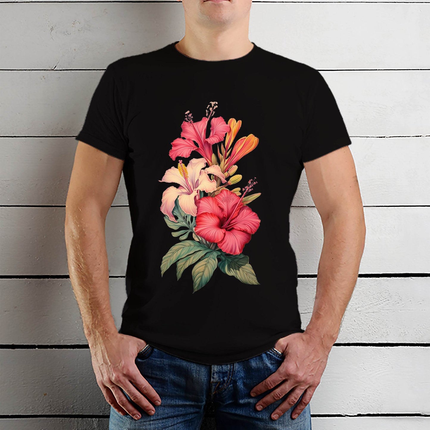 Hawaiian Flowers - Unisex Round Neck Regular Fit 100% Combed Cotton Half Sleeve T-Shirt - Mojilo Mart