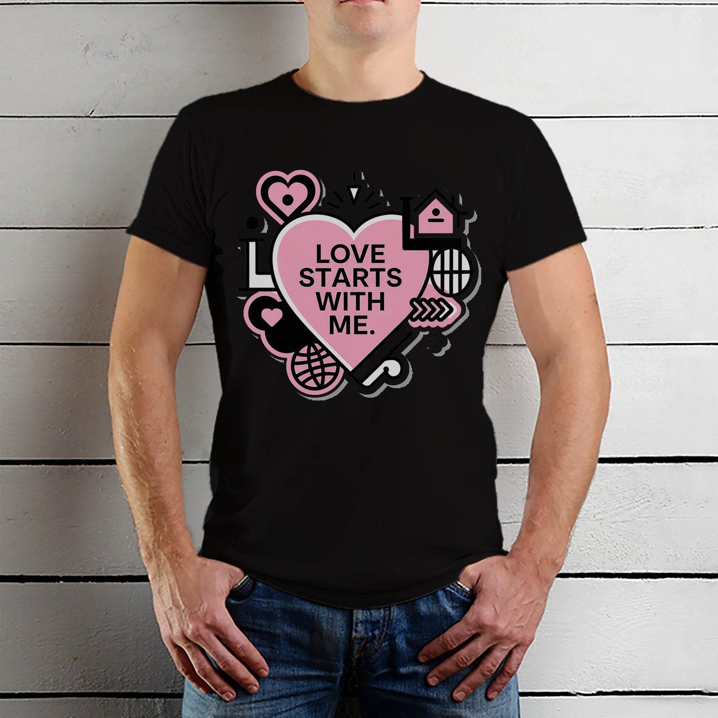 LOVE STARTS WITH ΜΕ - Unisex Round Neck Regular Fit 100% Combed Cotton Half Sleeve T-Shirt - Mojilo Mart