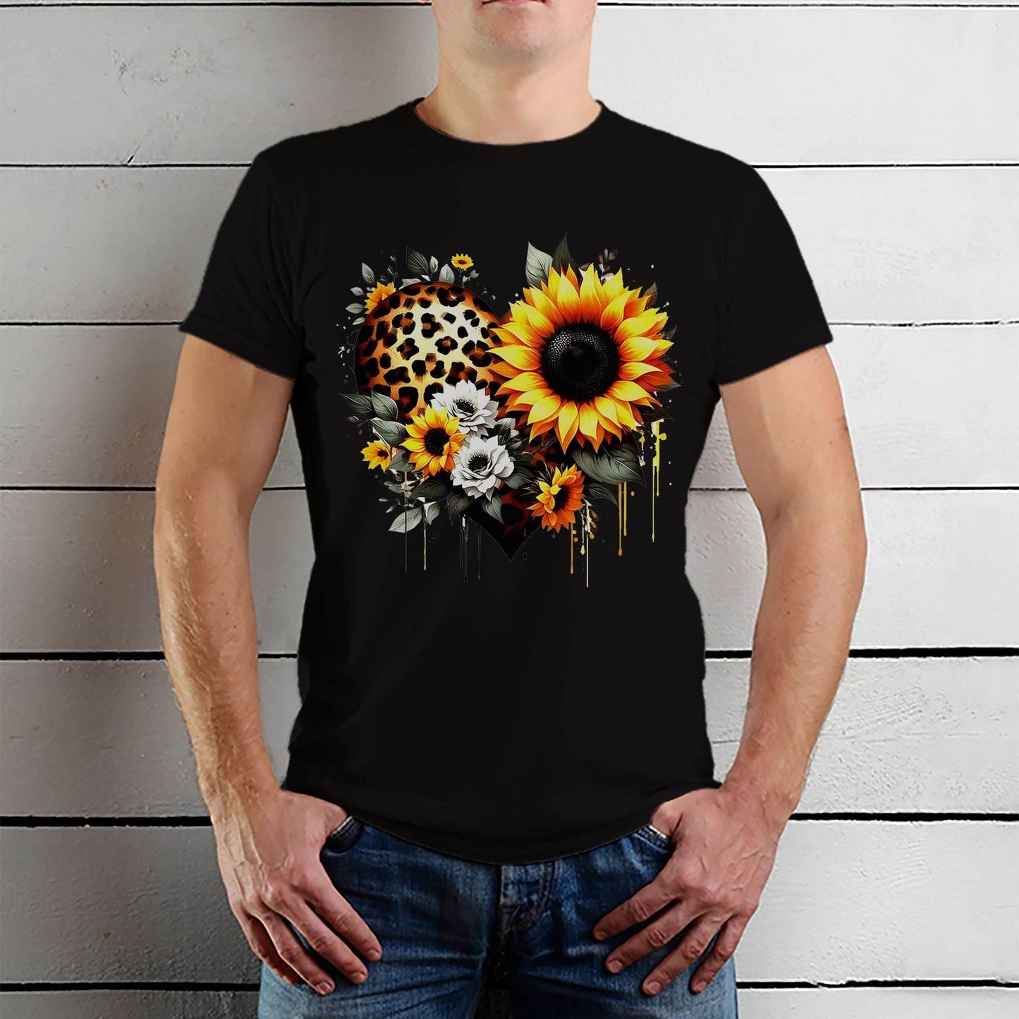 Leopard print heart design with sunflowers - Unisex Round Neck Regular Fit 100% Combed Cotton Half Sleeve T-Shirt - Mojilo Mart