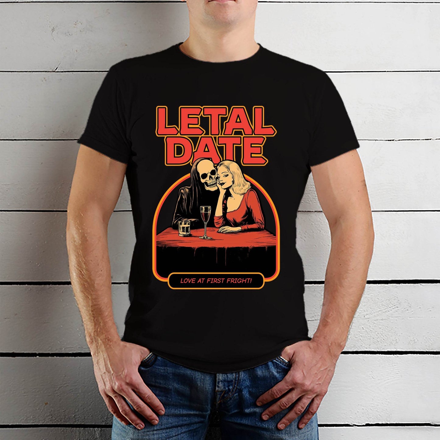 Letal Date Love At First Frighti - Unisex Round Neck Regular Fit 100% Combed Cotton Half Sleeve T-Shirt - Mojilo Mart
