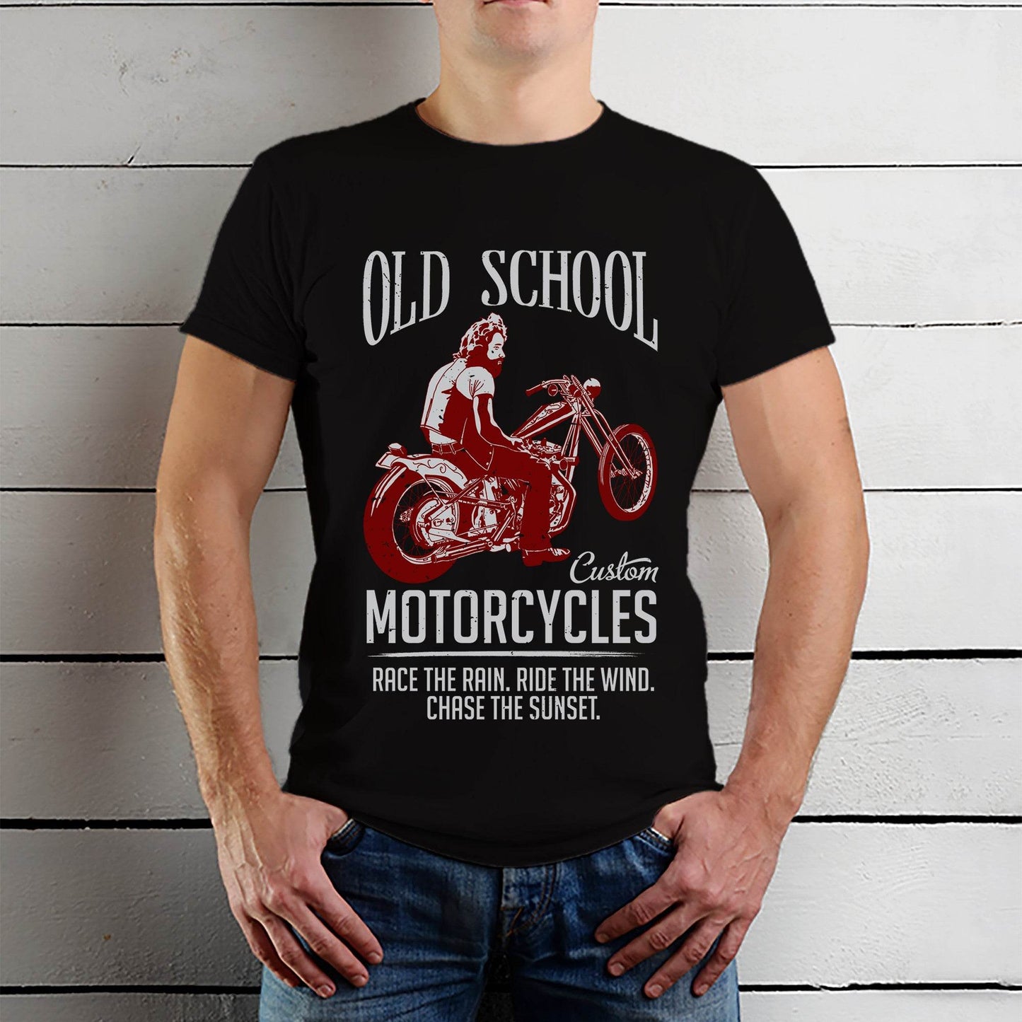 OLD SCHOOL Custom MOTORCYCLES RACE THE RAIN. RIDE THE WIND. CHASE THE SUNSET - Unisex Round Neck Regular Fit 100% Combed Cotton Half Sleeve T-Shirt - Mojilo Mart