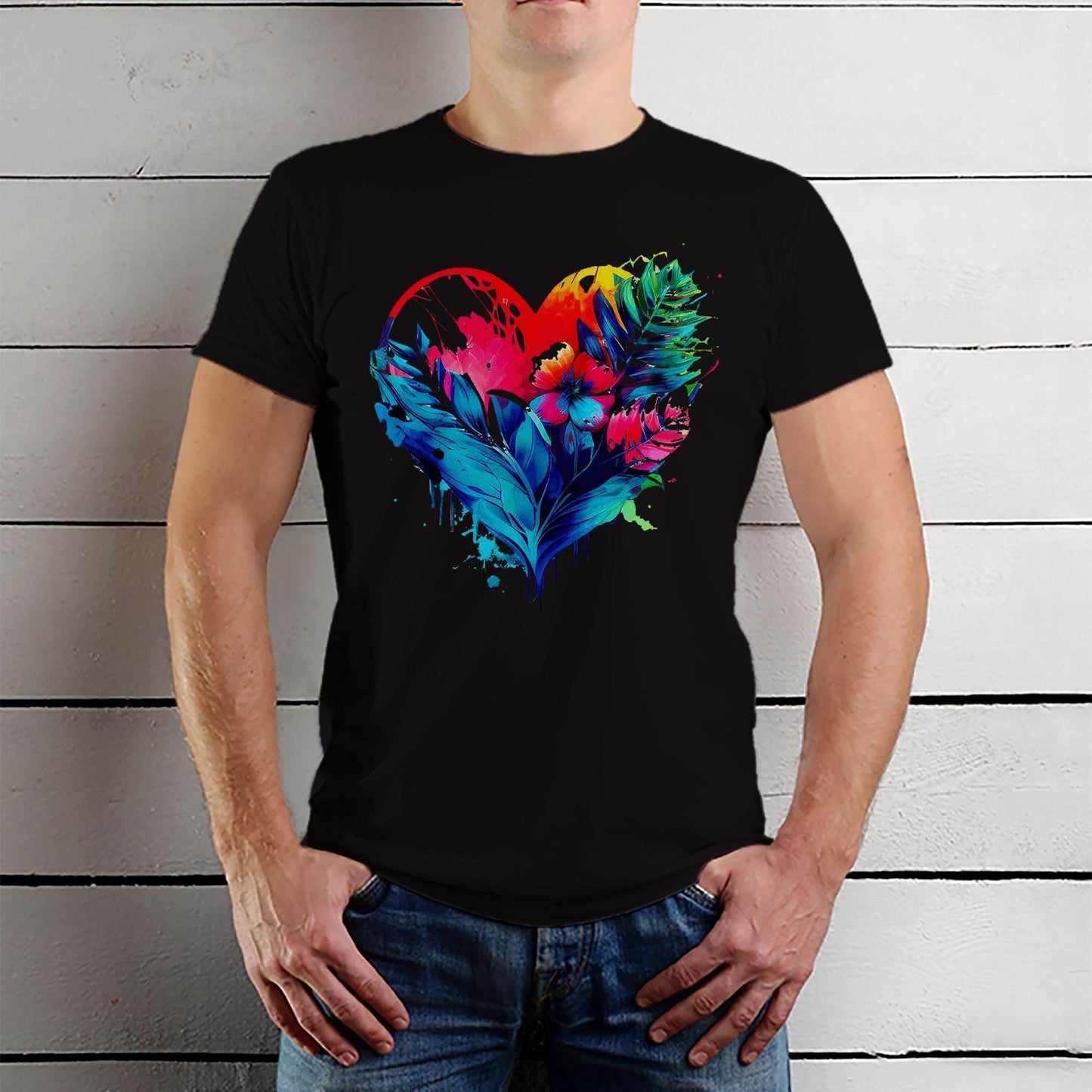 Oil painting of a heart with vines and flowers - Unisex Round Neck Regular Fit 100% Combed Cotton Half Sleeve T-Shirt - Mojilo Mart
