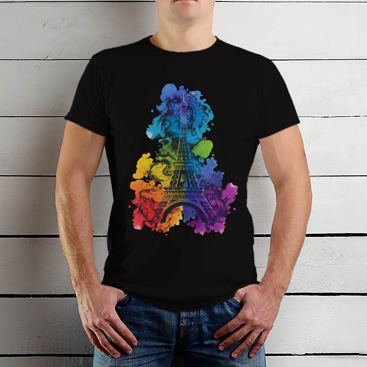 Paris Eiffel Tower Artistic Rainbow - Unisex Round Neck Regular Fit 100% Combed Cotton Half Sleeve T-Shirt - Mojilo Mart