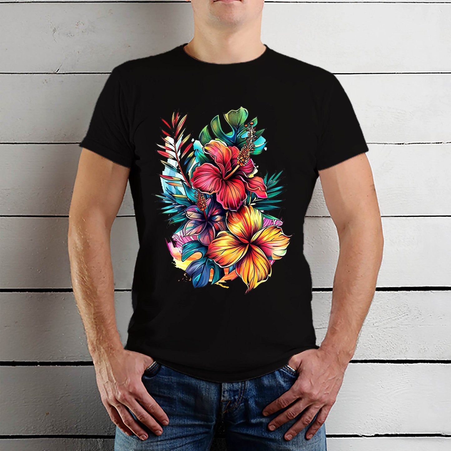 Peacock Summer Flower tropical Hibiscus - Unisex Round Neck Regular Fit 100% Combed Cotton Half Sleeve T-Shirt - Mojilo Mart