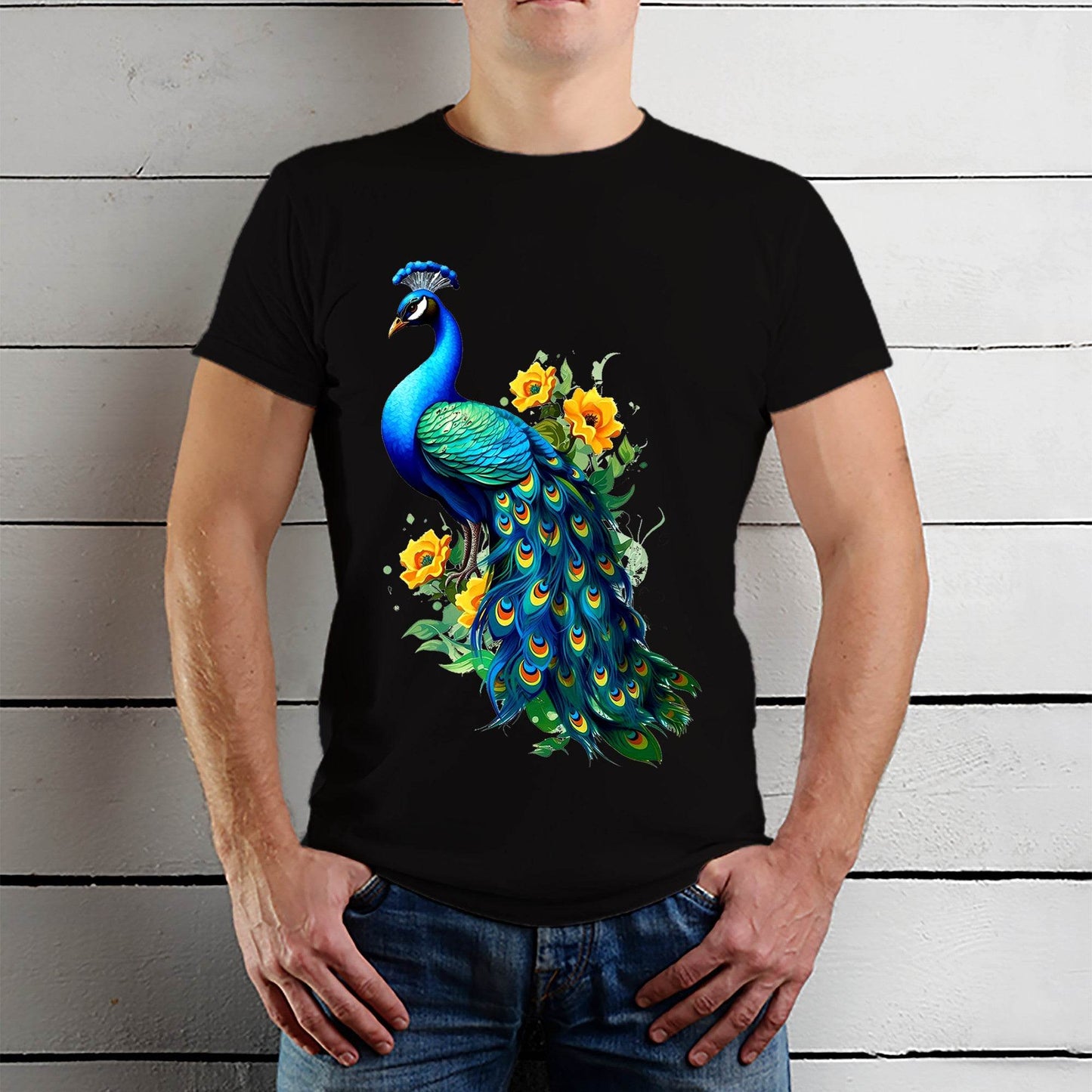 Peacock bird Beauty Flowers Elegant - Unisex Round Neck Regular Fit 100% Combed Cotton Half Sleeve T-Shirt - Mojilo Mart