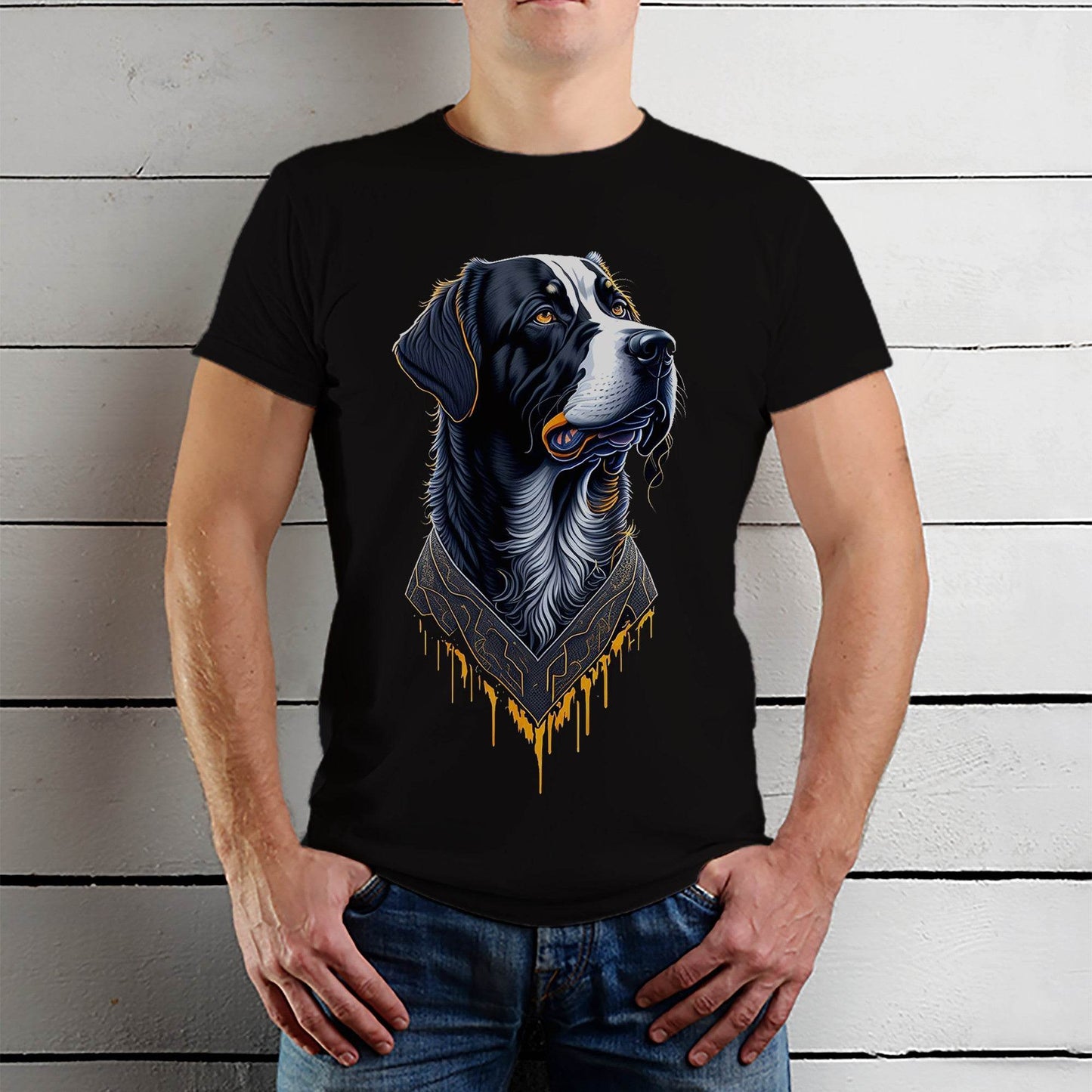 Proud Bernese Mountain Dog Head as Portrait Drawing Style - Unisex Round Neck Regular Fit 100% Combed Cotton Half Sleeve T-Shirt - Mojilo Mart